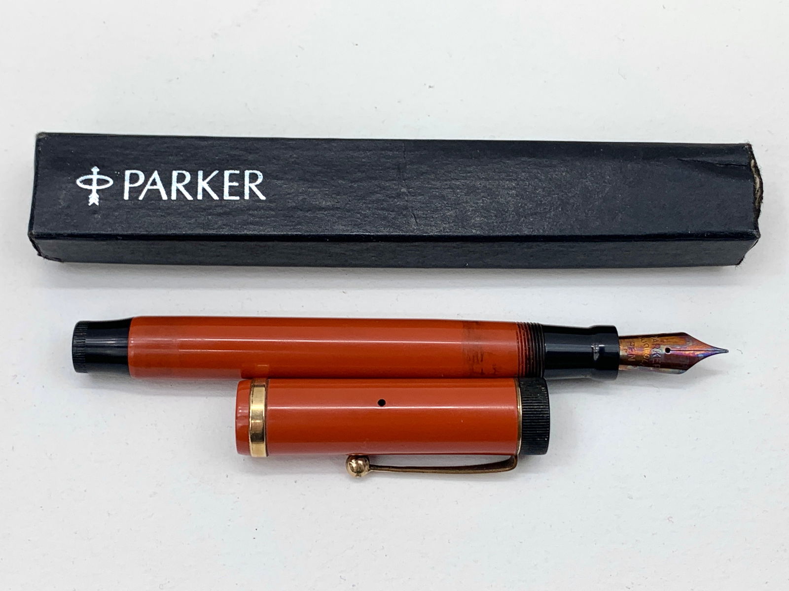 Original Antique Parker Duofold Lucky Curve Big Red Fountain Pen w/Box (1 of 8)