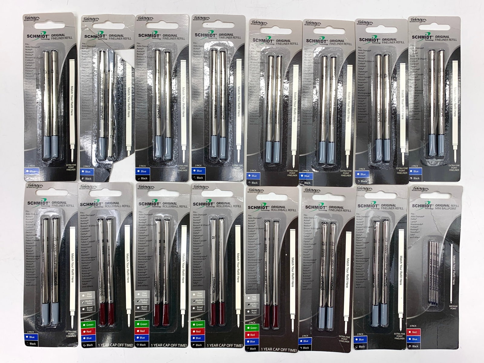 Schmidt Original Fine Liner Black Rollerball Ink Refills: Includes 15 two packs of black ink refills with an extra four pack of mini ballpoint refills also in black. Shipping: We do not provide in-house shipping or packing. Please reach out to one of our pre