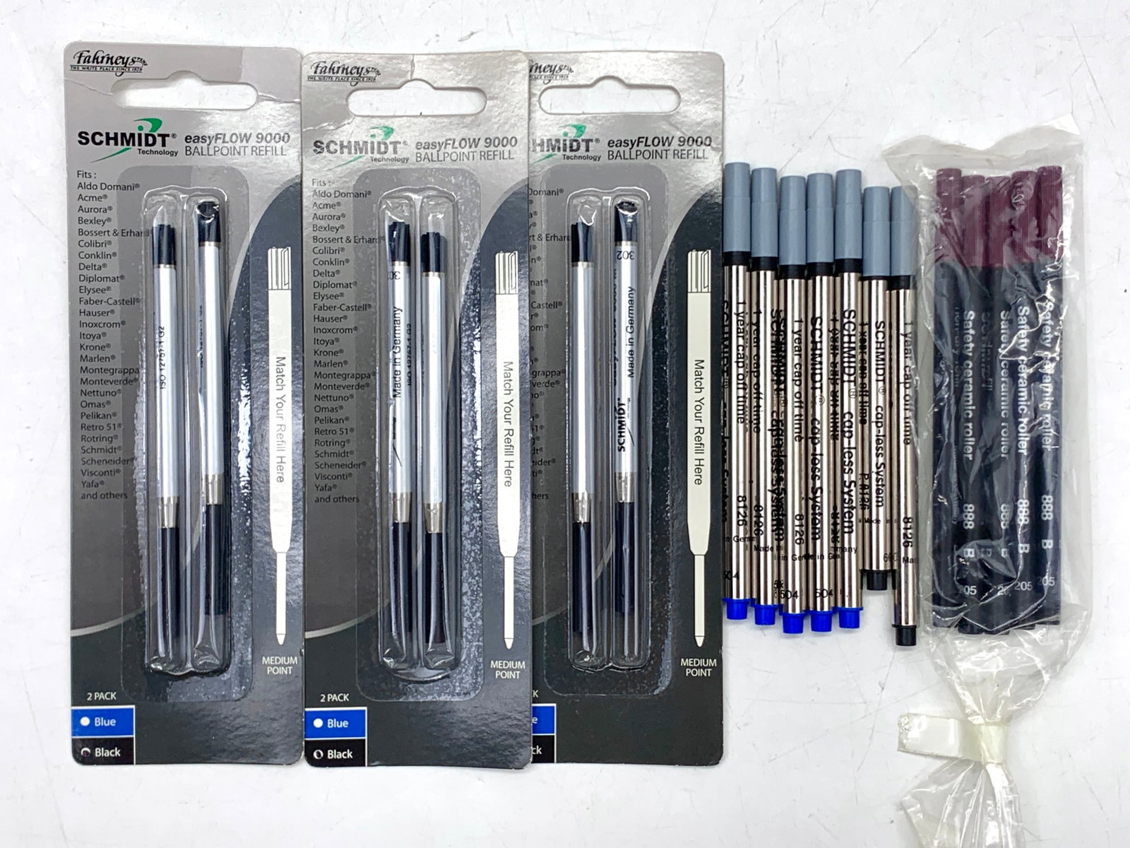 Schmidt easyFlow 9000 Ballpoint, 8126 Rollerball, & 888 Rollerball Ink Refills: 9000: 6x black, 8126: 5x blue 2x black, 888: 5x black. Shipping: We do not provide in-house shipping or packing. Please reach out to one of our preferred shippers for a quote: Donald Camden UPS Store 