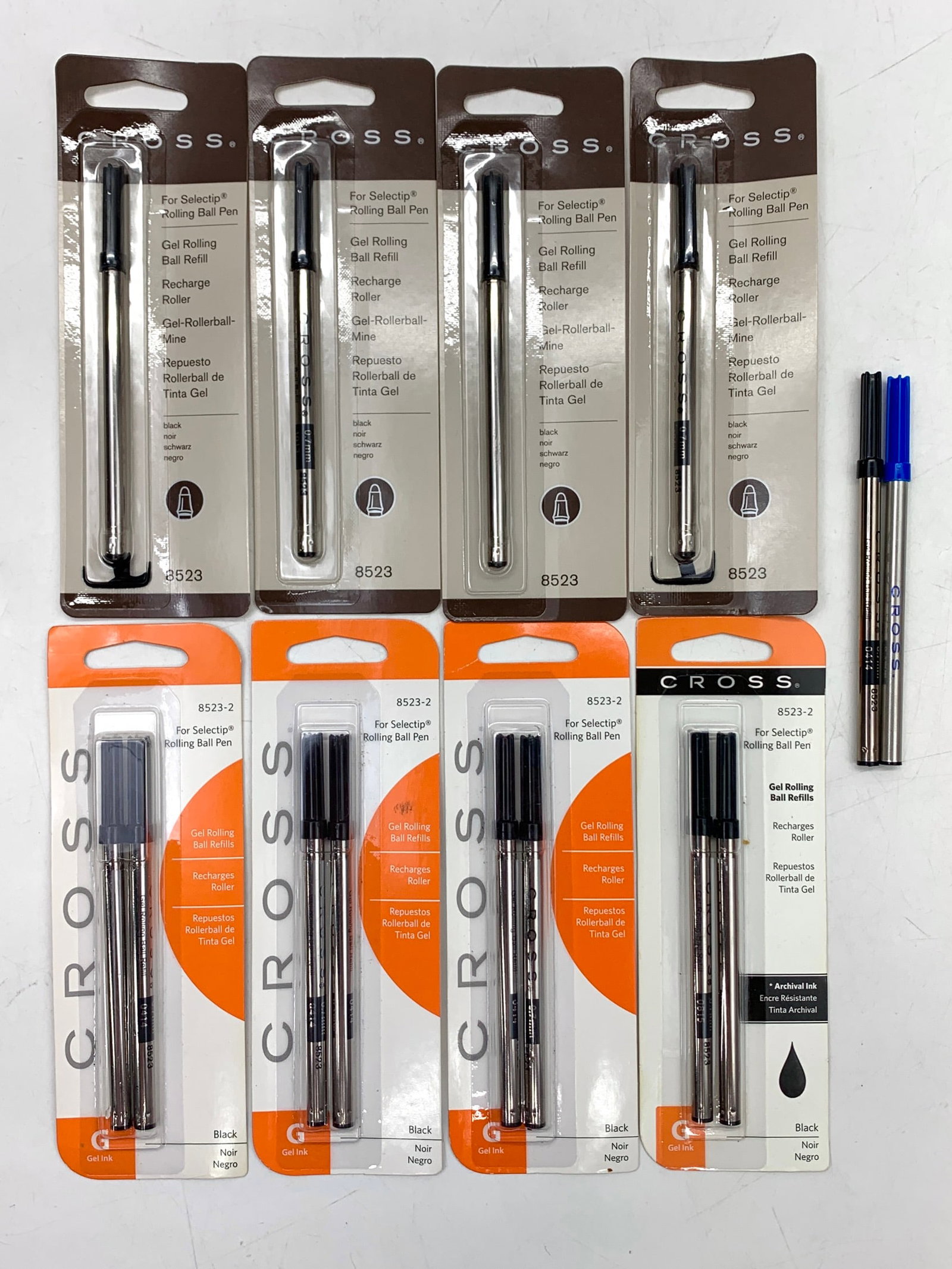 Cross 8523 Black Gel Rollerball Ink Refills: Includes 14 refills; all black except one blue refill. Shipping: We do not provide in-house shipping or packing. Please reach out to one of our preferred shippers for a quote: Donald Camden UPS Store 