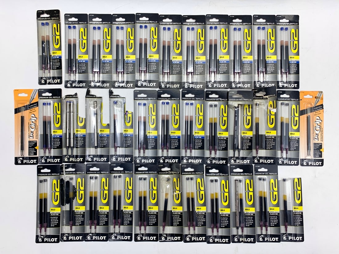 Sixty-Four Pilot G2 Premium 1mm Bold Blue & Black Gel Ink Refills: Includes 64 total refills. Shipping: We do not provide in-house shipping or packing. Please reach out to one of our preferred shippers for a quote: Donald Camden UPS Store #4608 store4608@theupsstore.