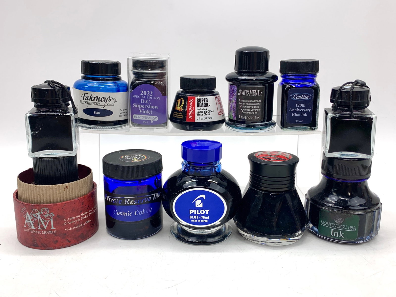 Pilot, Fahrneys, Monteverde, De Atrementis, Conklin, Private Reserve, Speedball, ETC Ink: Mixed bag of unopened and used inks; includes a Monteverde Special Edition 2022 Washington DC Supershow Violet 30ml bottle. Shipping: We do not provide in-house shipping or packing. Please reach out t