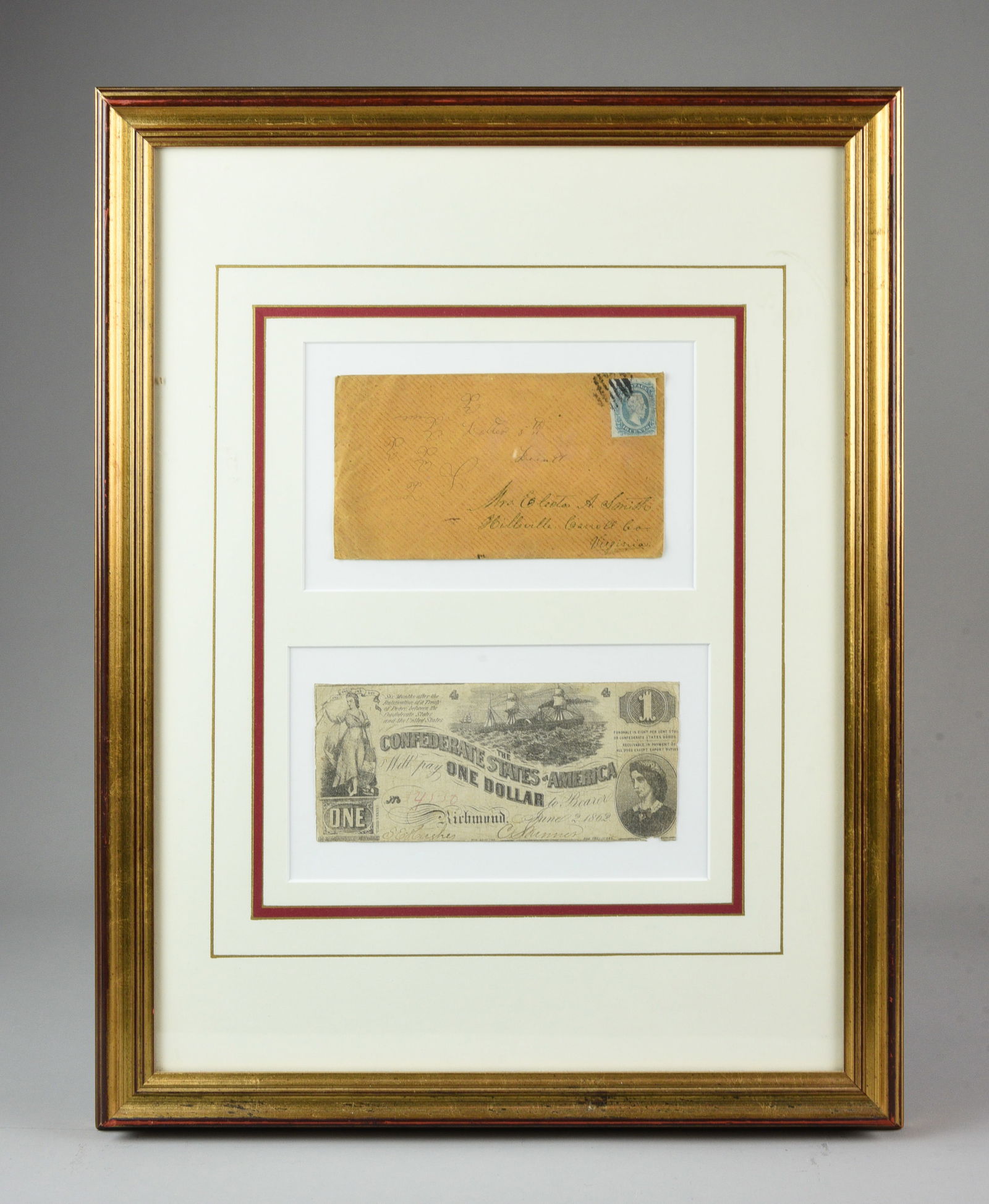 Framed 1862 Richmond Confederate One Dollar Note w/ Period Envelope (1 of 5)