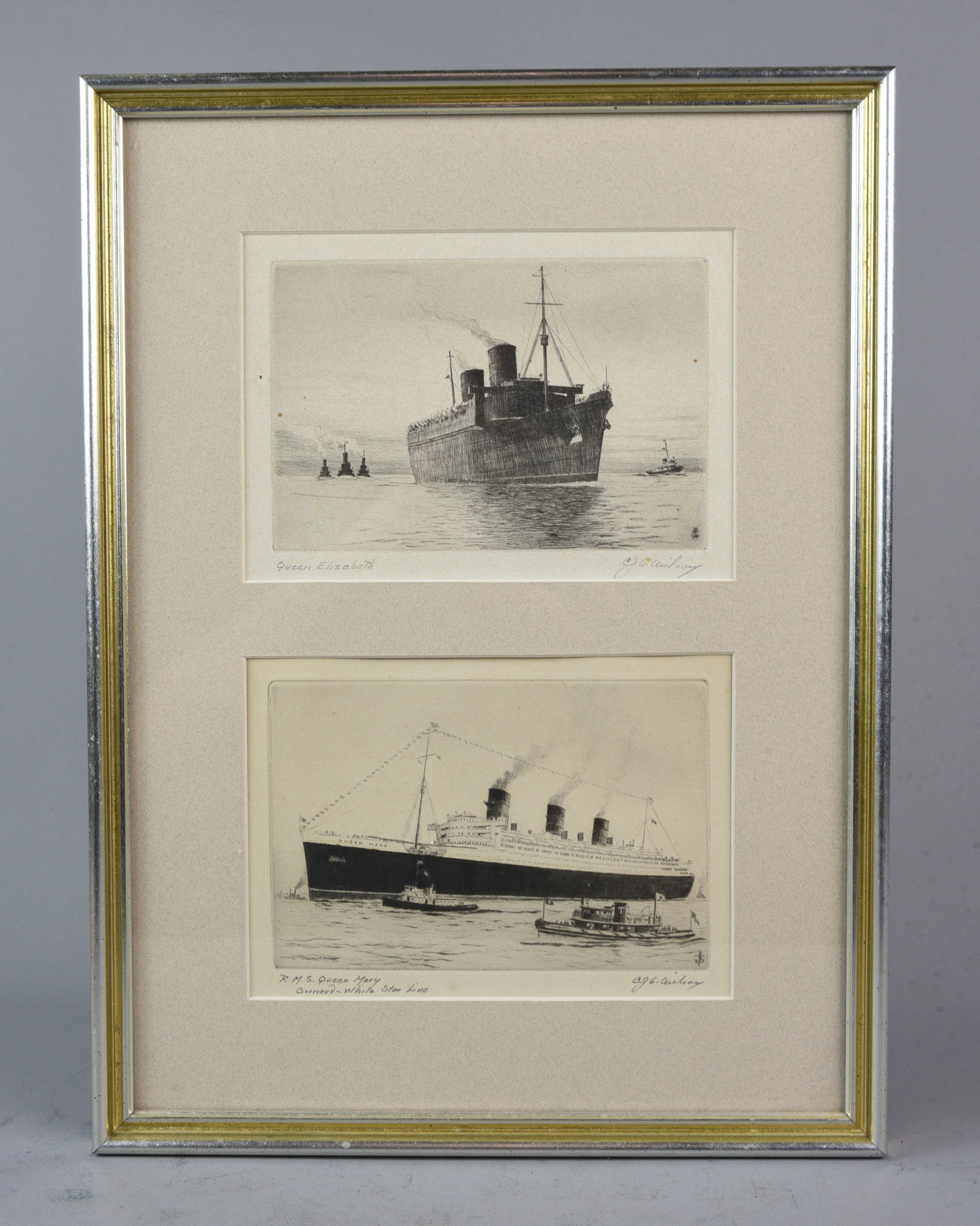 Etchings of Ships Queen Elizabeth and Mary (1 of 3)