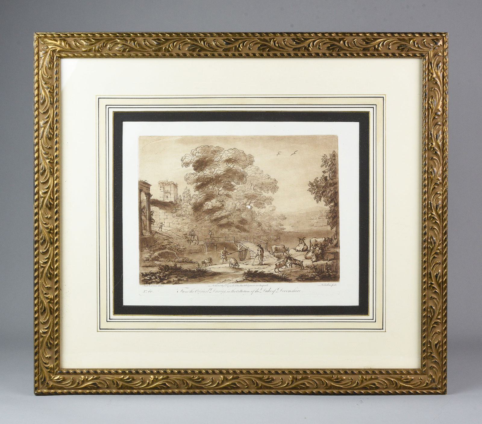Etching Depicting an Original Drawing from the Collection of the Duke of Devonshire: Etching Depicting an Original Drawing from the Collection of the Duke of Devonshire. Framed, matted, and sealed under glass. Unexamined out of frame. One small hole in the middle, otherwise appears to