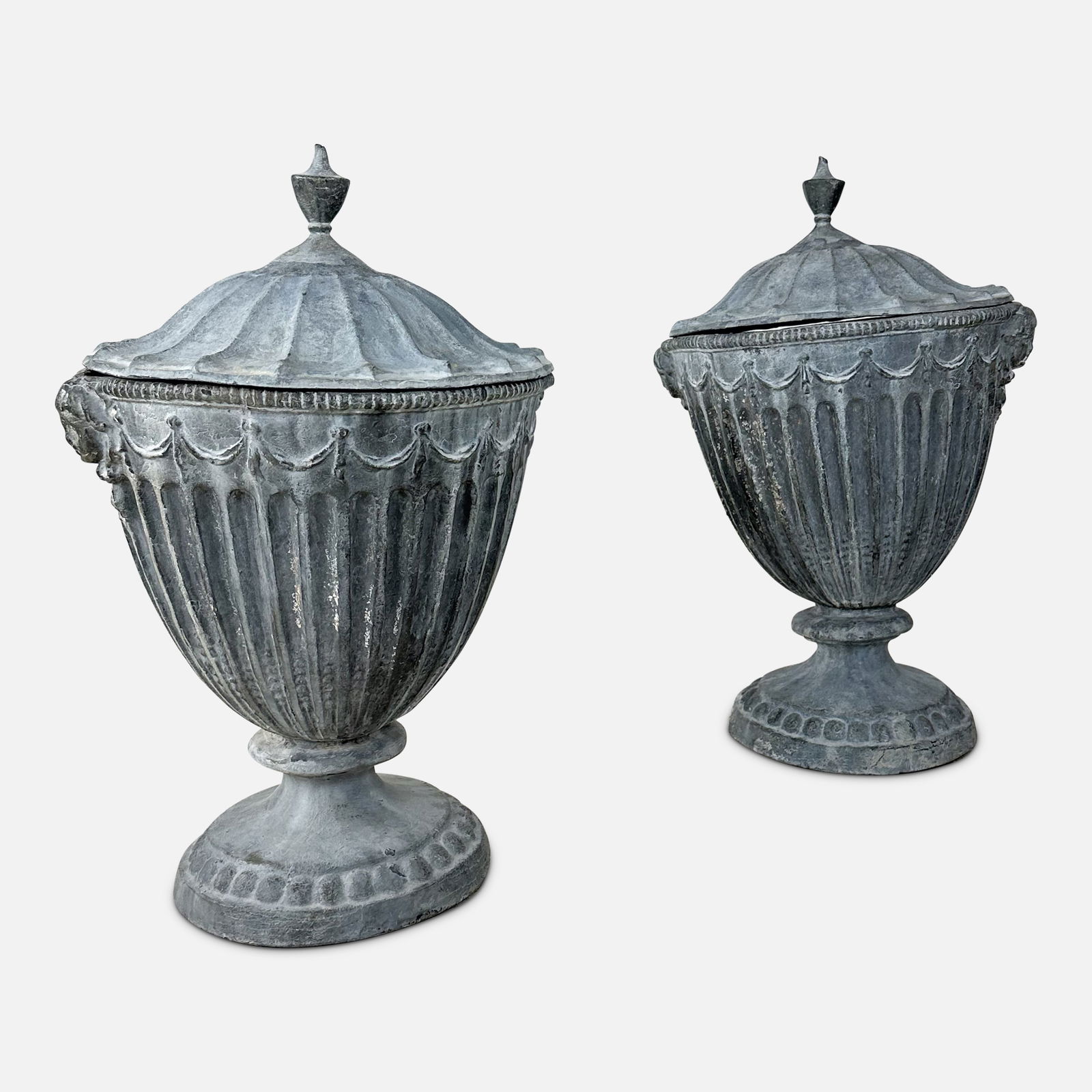 Pair Antique 19thC English Molded Lead Garden Lidded Urns (1 of 4)