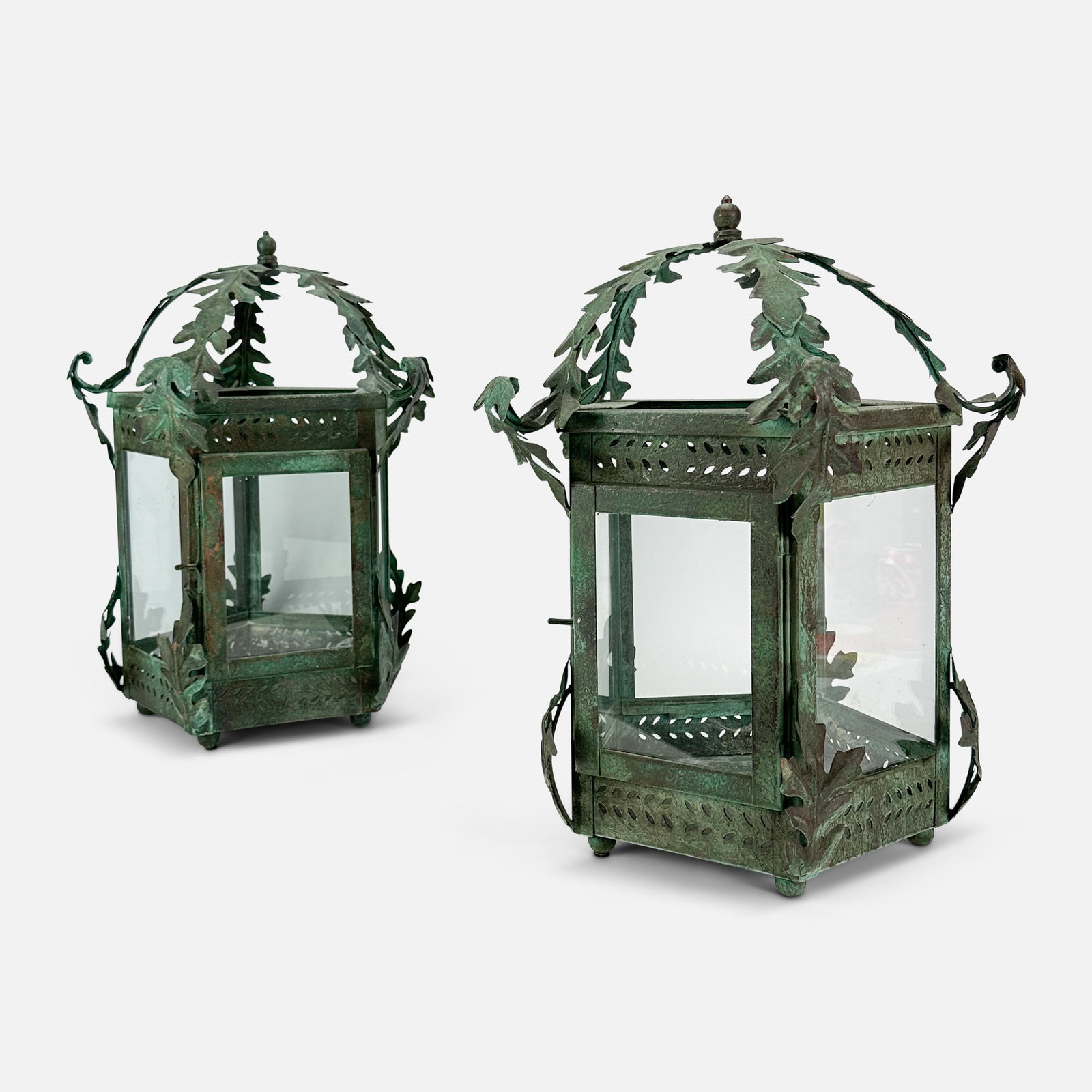 Pair Terrain Verdigris Copper & Glass Five Sided Table Lanterns w/Oak Leaves (1 of 6)