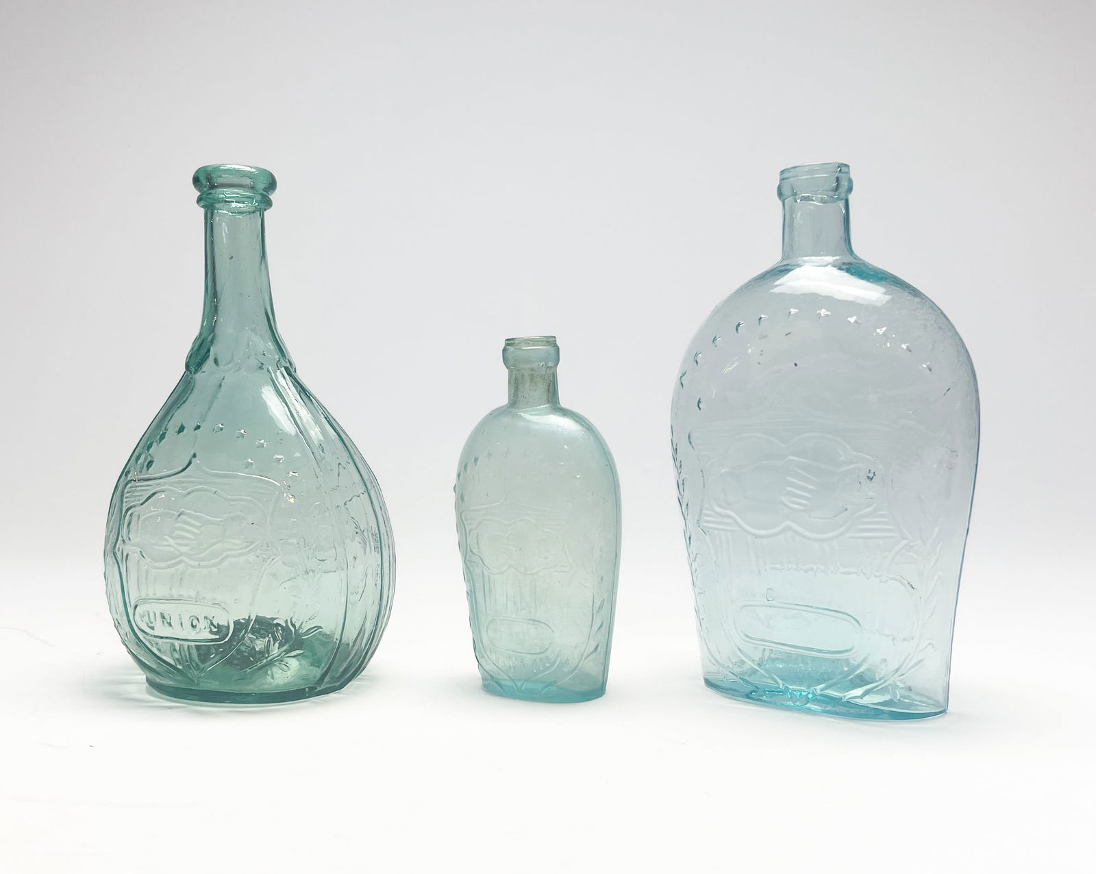 Three Antique 19thC Aquamarine Glass Union Eagle Historical American Flask Bottles (1 of 10)