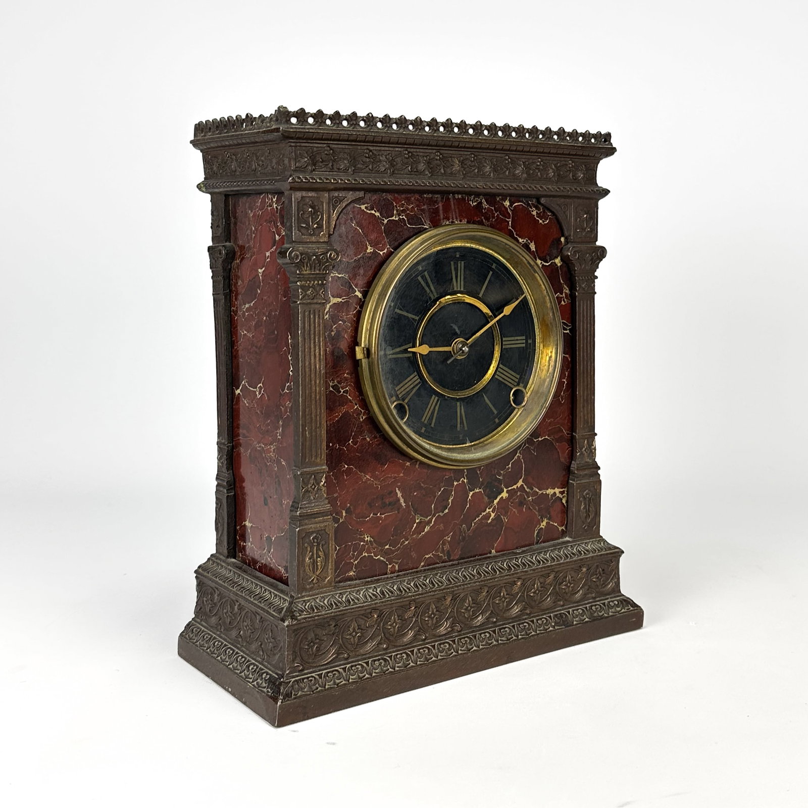 Antique 19thC French Cast Iron and Grain Painted Faux Marble Mantel Clock (1 of 7)