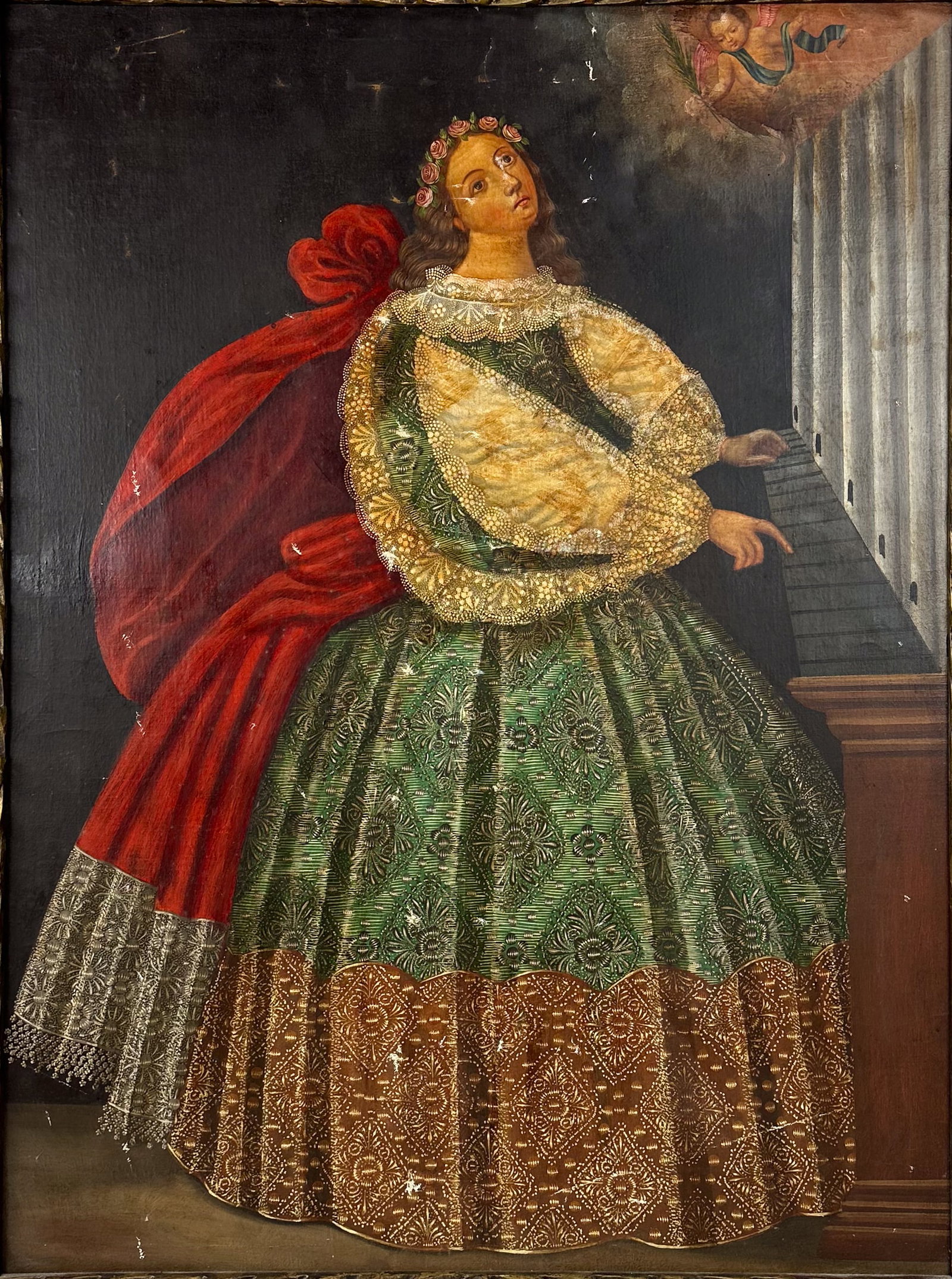 Large Antique Style Mexican Colonial Portrait of a Lady Oil on Canvas Painting (1 of 6)