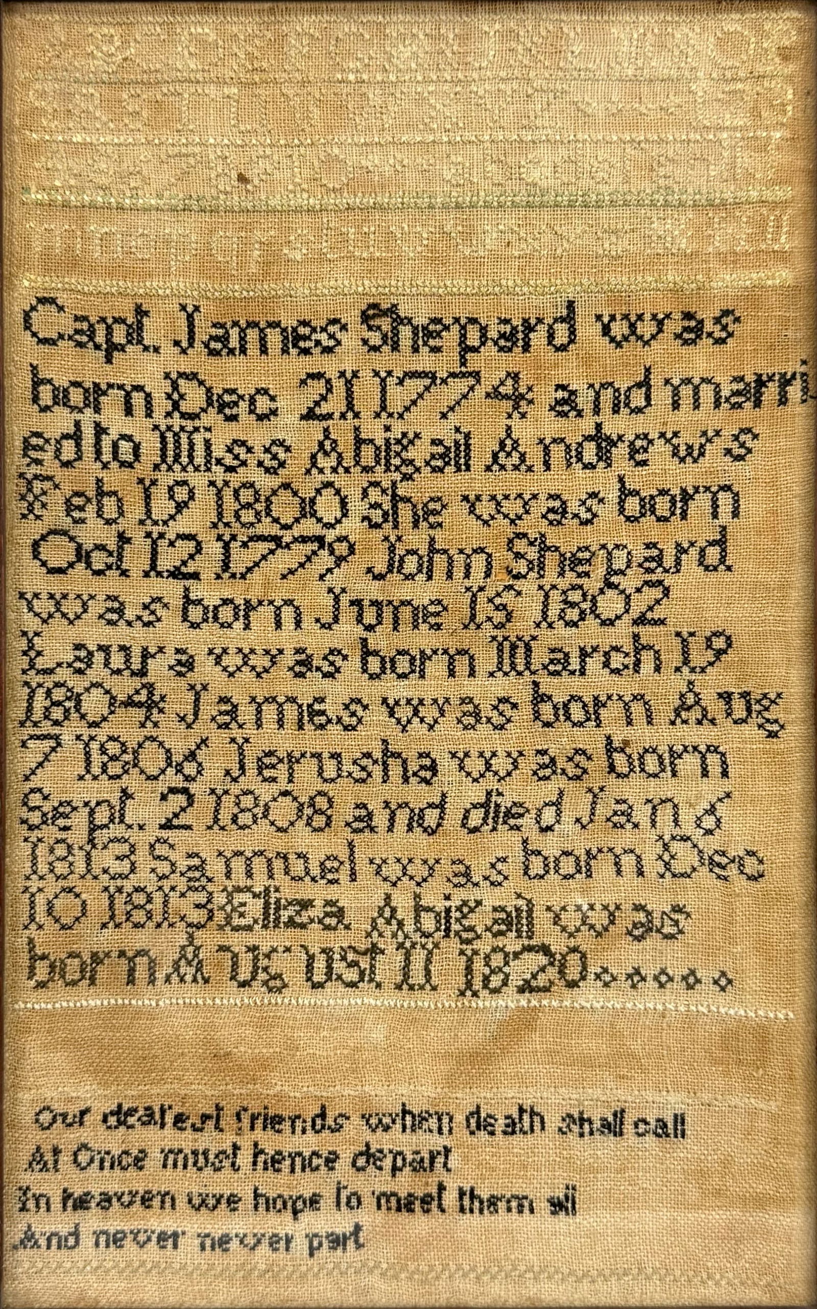 Antique 19thC American Needlepoint Sampler Family of Captain James Shepard (1 of 5)