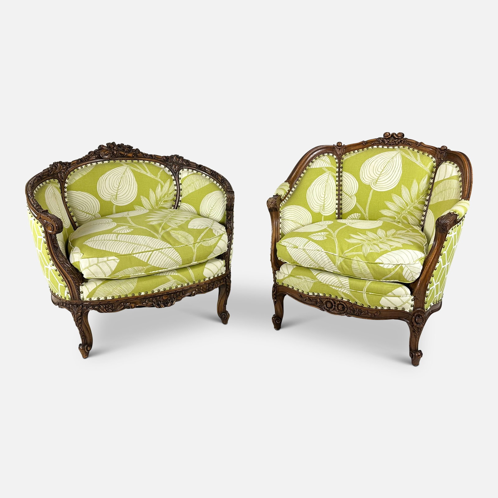 Two Hand-Carved Upholstered Mahogany Tub Lounge Chairs Tropical Green Fabric (1 of 14)