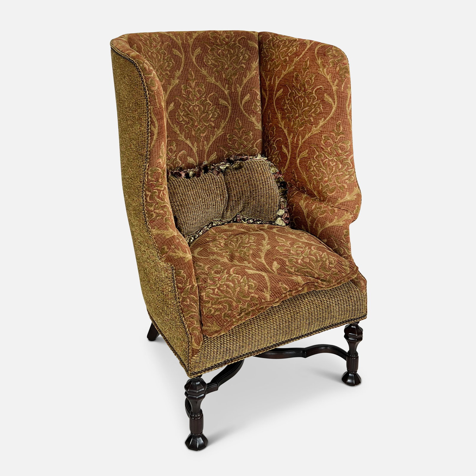 Unusual Upholstered Carved Wood Wingback Barrel Armchair (1 of 5)