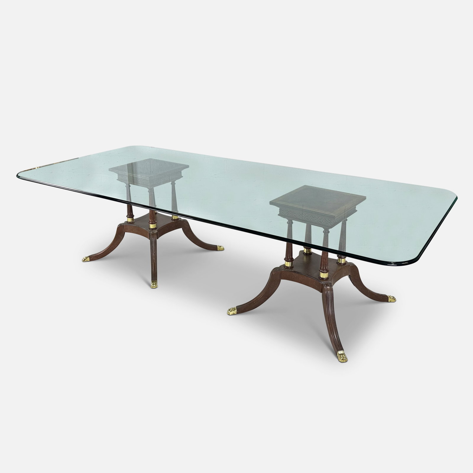 Enormous Glass Top Double Quad Pedestal Mahogany and Brass Dining Table (1 of 8)