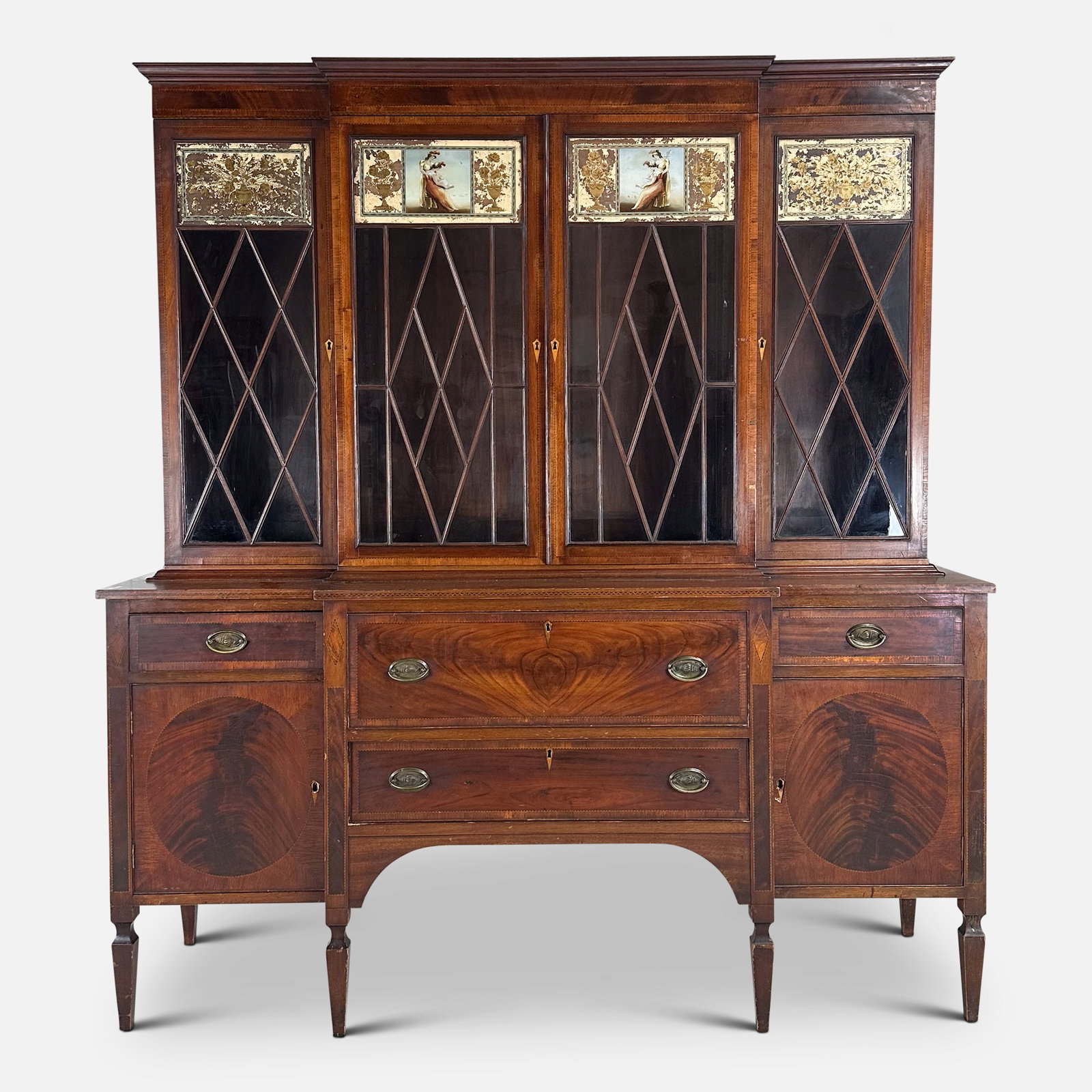 Antique Mahogany Federal Style Verre Eglomise Step-Back Breakfront Cupboard (1 of 20)