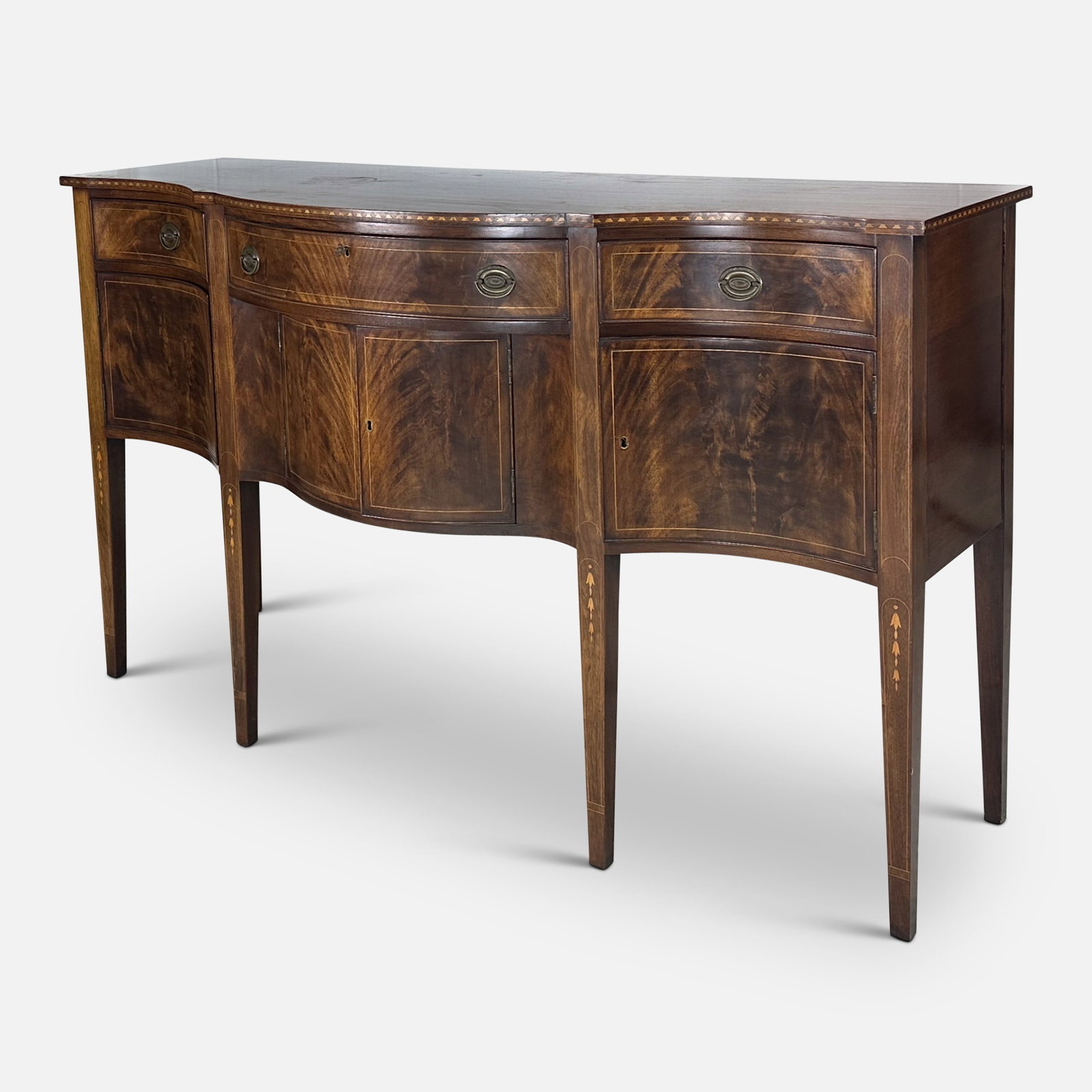 Fine Early 20thC Hepplewhite Style Flame Mahogany Serpentine Sideboard w/Bellflower and Line Inlays (1 of 11)