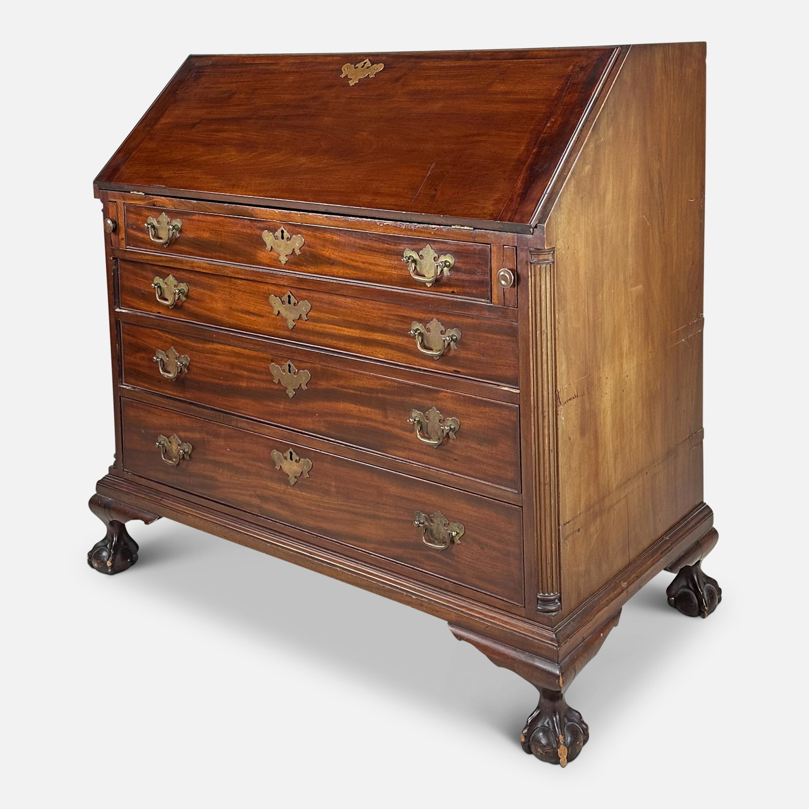 Antique Georgian Style Walnut 4-Drawer Drop-Front Bureau Writing Desk (1 of 12)