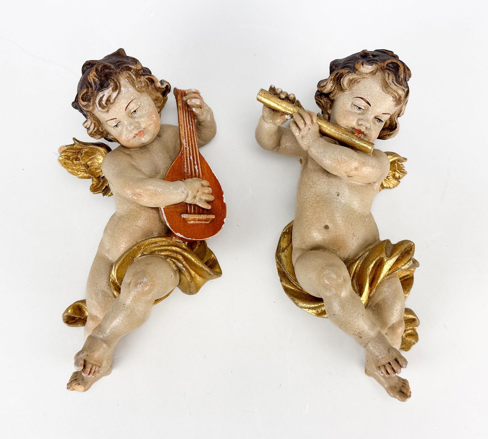 Italian Paint Decorated Carved Wood and Gesso Putti Musicians Wall Sculpture Pair (1 of 4)