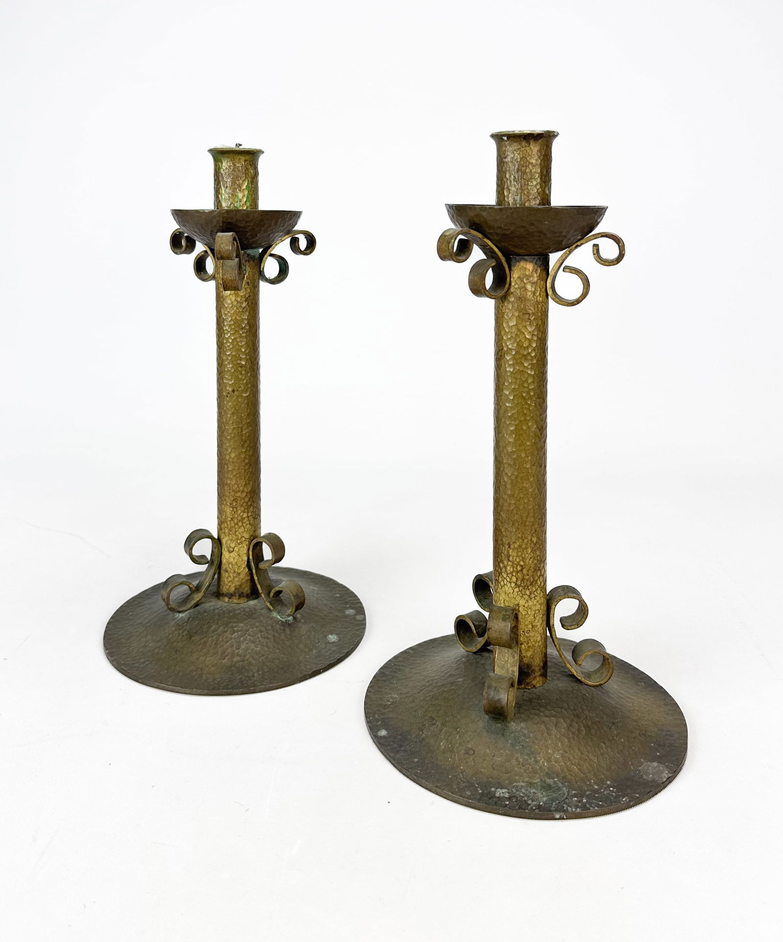 Pair Arts and Crafts Hand Hammered Brass Metal Single Candlesticks (1 of 5)