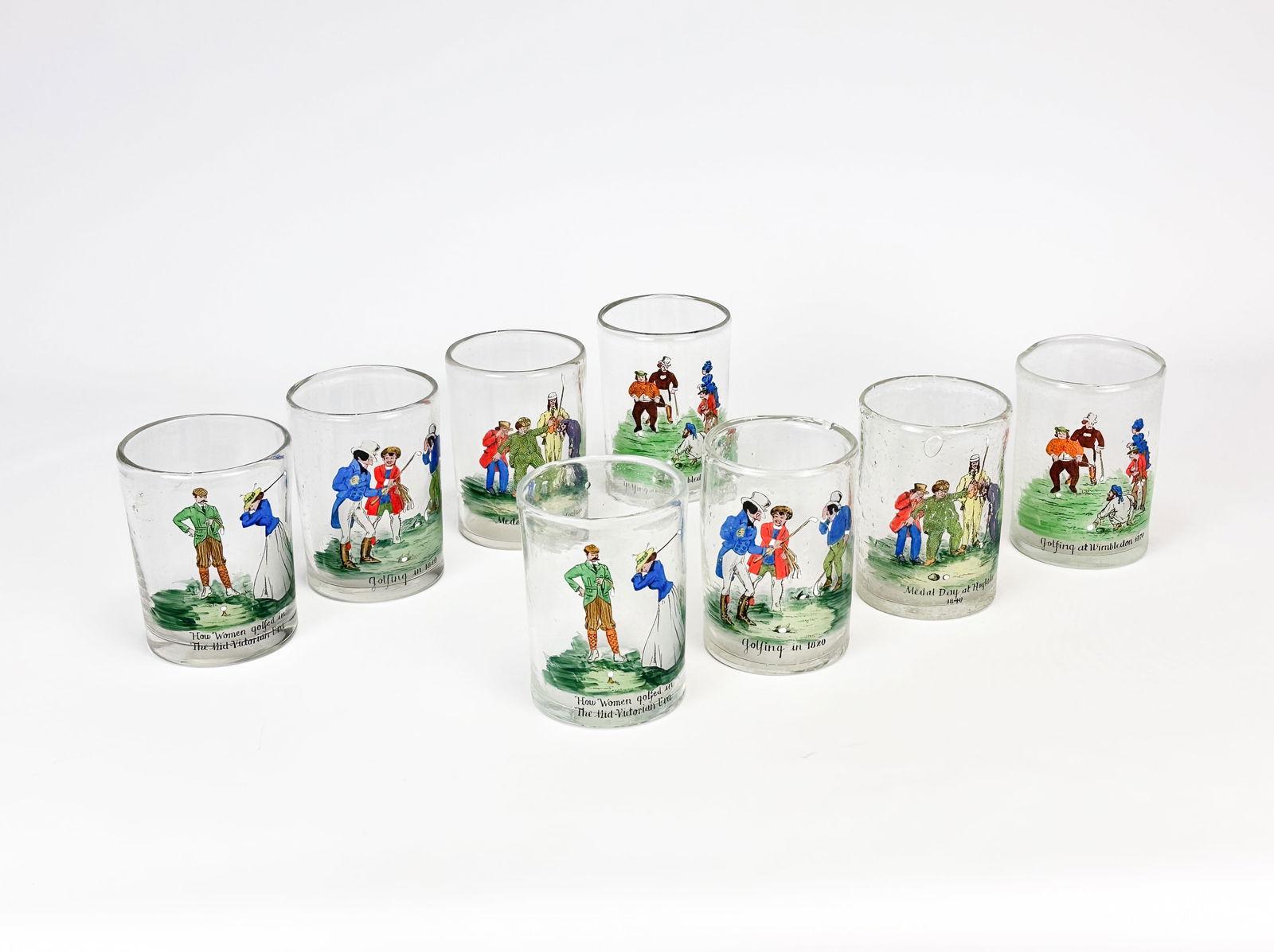 Set of Eight Painted Enamel Golf Sporting Tumbler Whiskey Glasses (1 of 6)