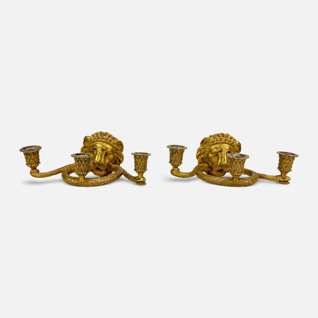 Pair Heavy Gilt Brass Lion Three-Light Empire Style Wall Sconces (1 of 4)