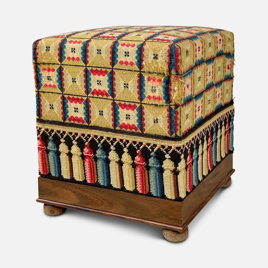 Small Antique Mahogany and Needlepoint Tall Footstool Bun Feet (1 of 5)