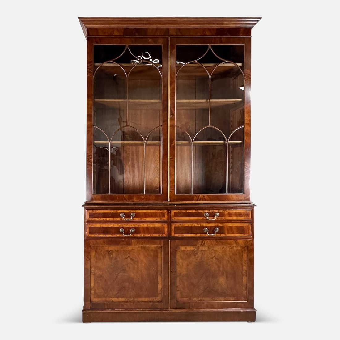 Fine Bench Made 2-Pc Burl Mahogany and Walnut Two-Door Glass Secretary Bookcase (1 of 12)