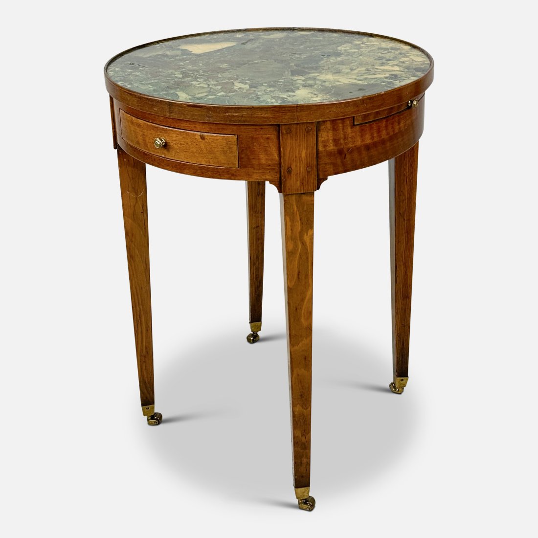 20thC French Walnut Marble Top Round Tea End Table w/Slide and Brass Castors (1 of 14)