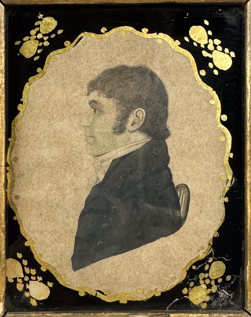 Antique 19thC Silhouette Watercolor Drawing Side Profile of a Gentleman Miniature Painting (1 of 4)