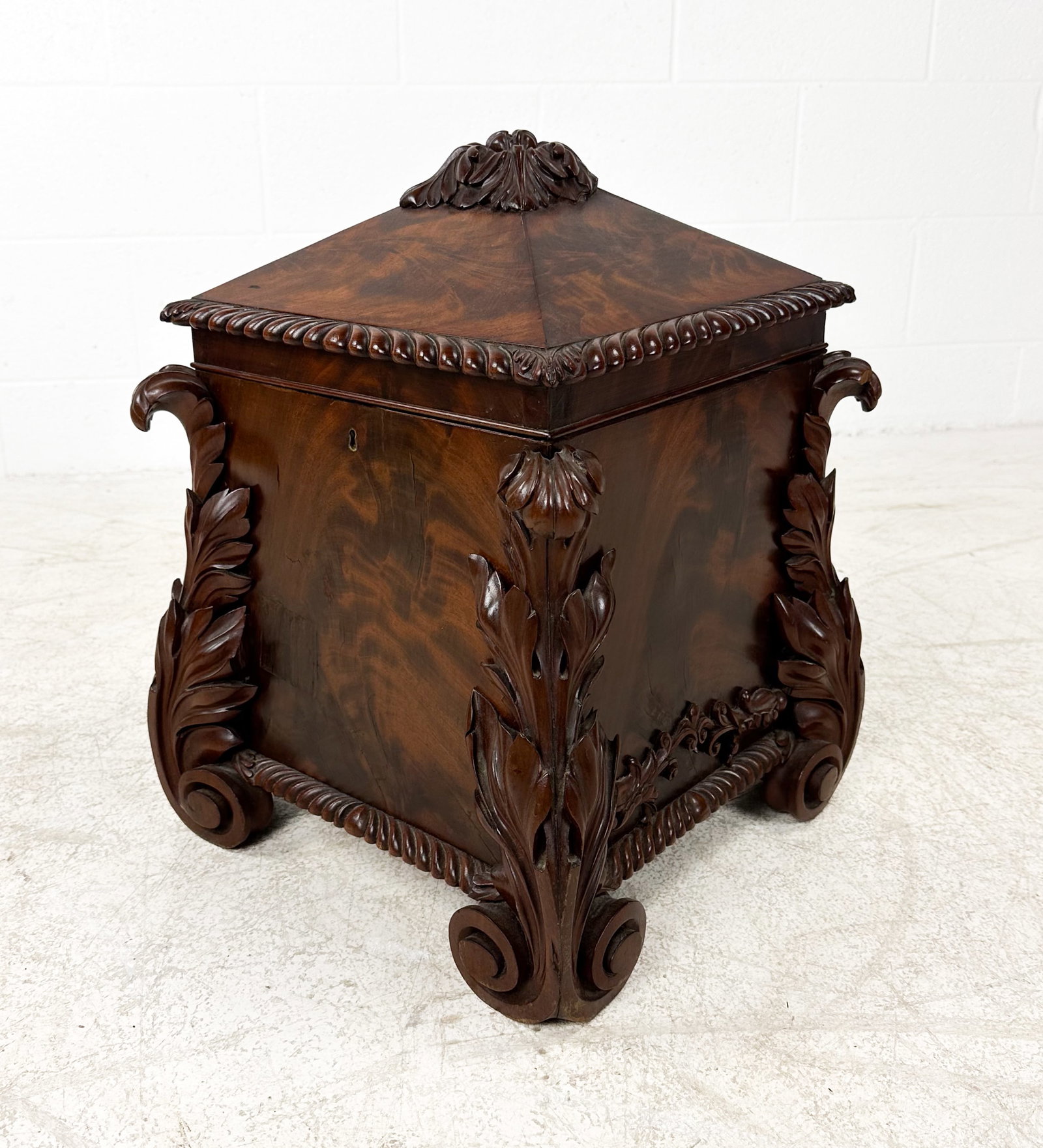 Fine English Regency Carved Mahogany Wine Cooler Cellarette: Fine English Regency Carved Mahogany Wine Cooler Cellarette. Ca. last half 20thC. Very good with no breaks or repairs. Apparently not signed. We Do Not Provide In-House Shipping! Please reach out to D