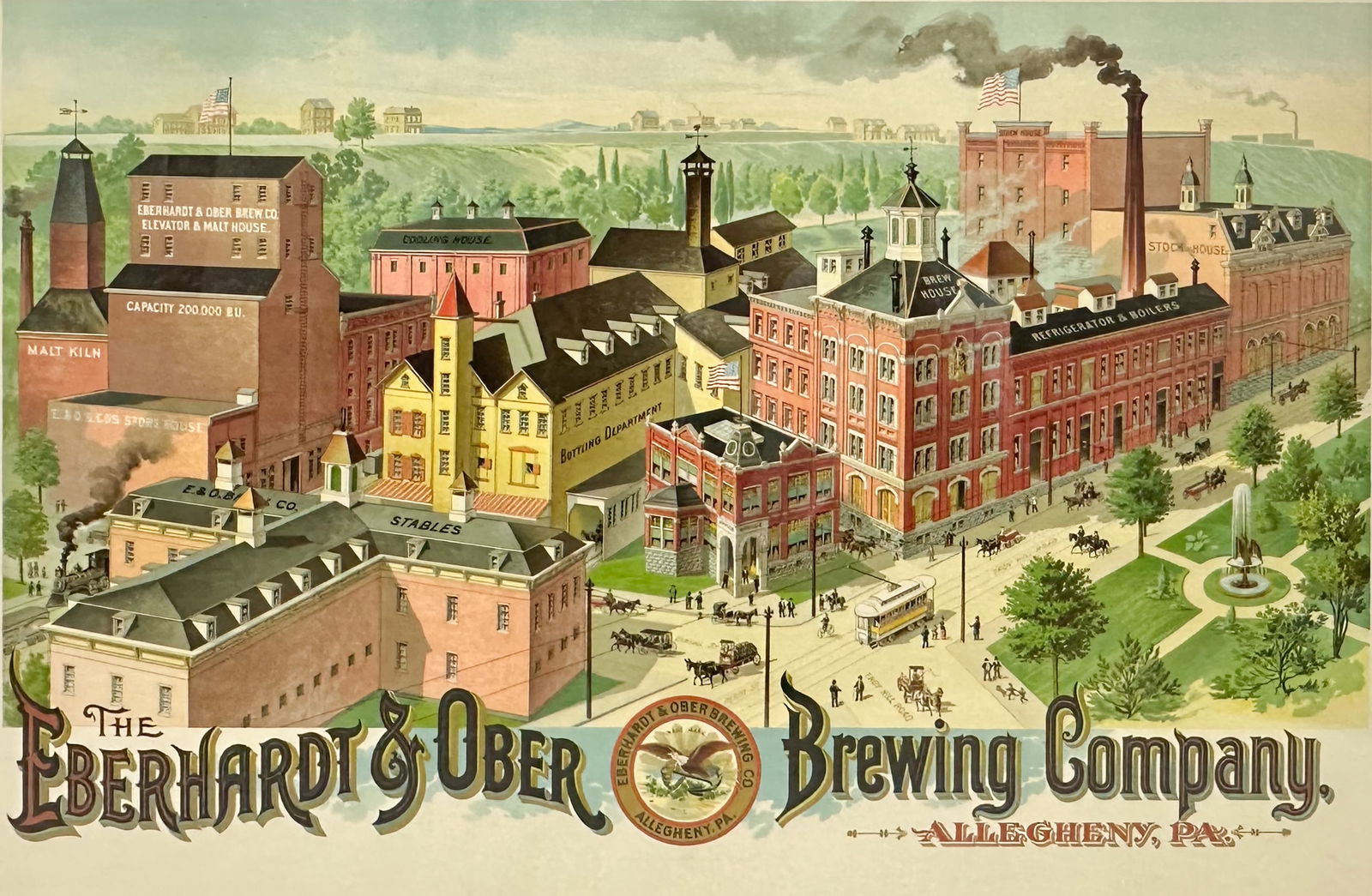 Large Eberhardt & Ober Brewing Company Antique Framed Beer Advertising Lithograph (1 of 6)