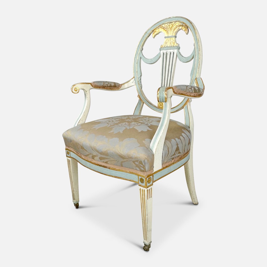20thC French Paint Decorated Upholstered Fauteuil Armchair: 20thC French Paint Decorated Upholstered Fauteuil Armchair. Ca. last half 20thC. Very good with wood painted surface showing proper wear. Fabric is good as well. Approx. seat H: 19". We Do Not Provide