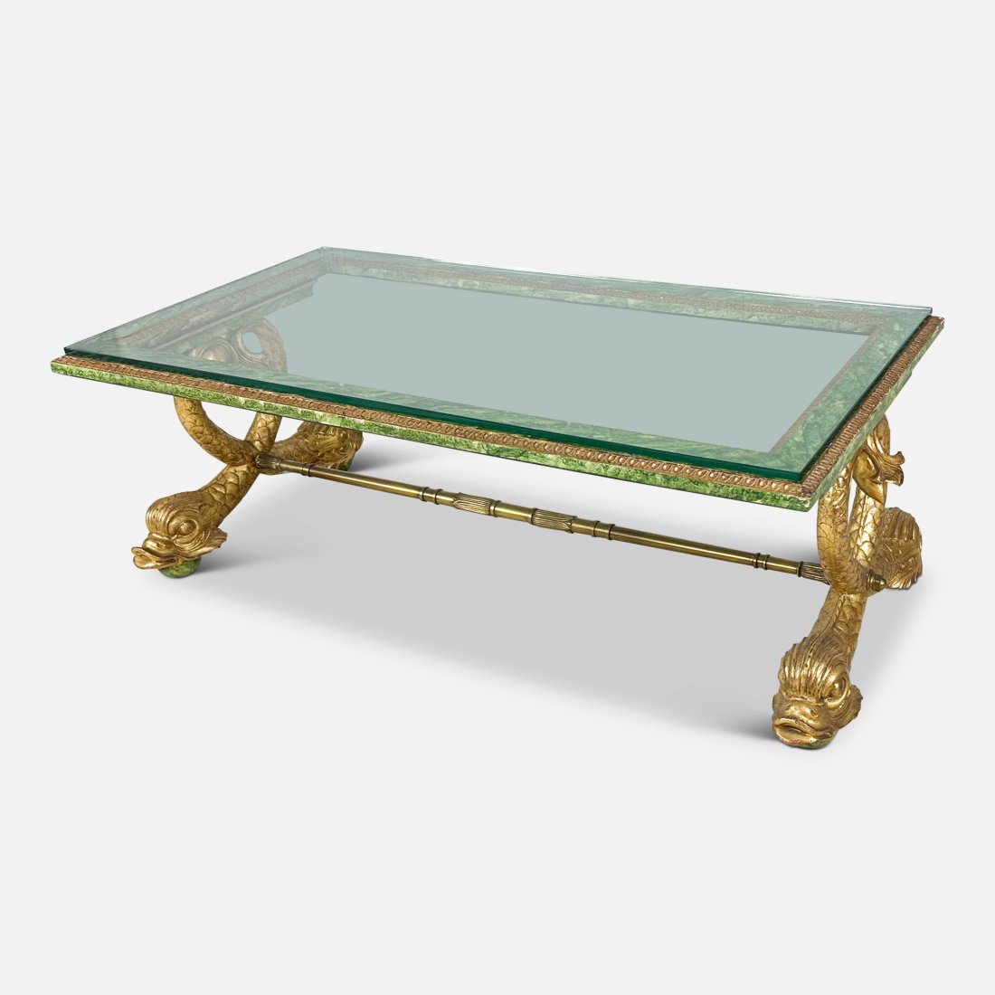 20thC Carved Giltwood Dolphin, Brass and Glass Grain Painted Coffee Table (1 of 8)