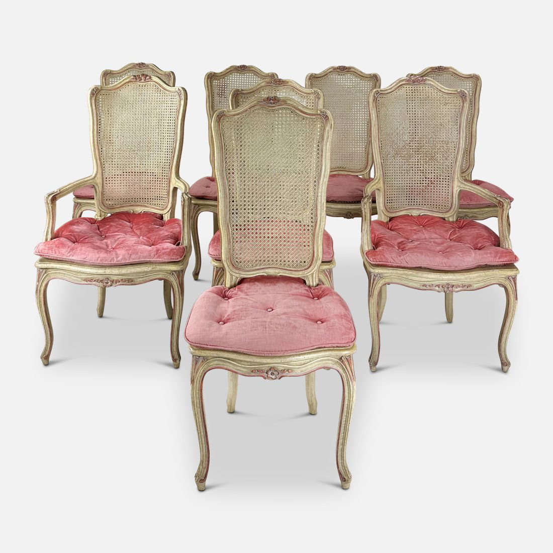 Set of Eight Pink Fabric Painted Wood and Rattan French Style Dining Chairs (1 of 9)