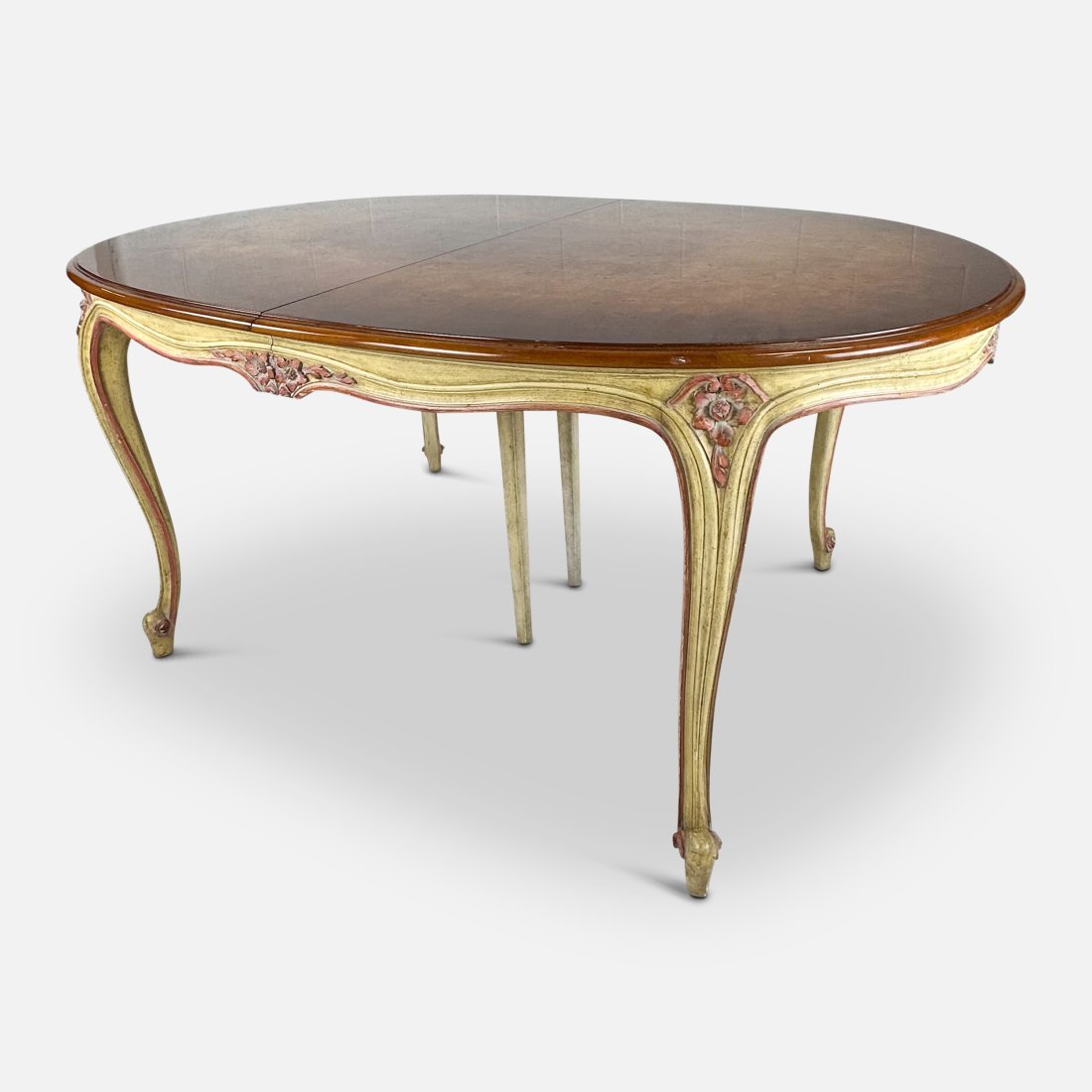 Paint Decorated Carved Wood French Provincial Burl Top Dining Table w/Two Leaves (1 of 10)