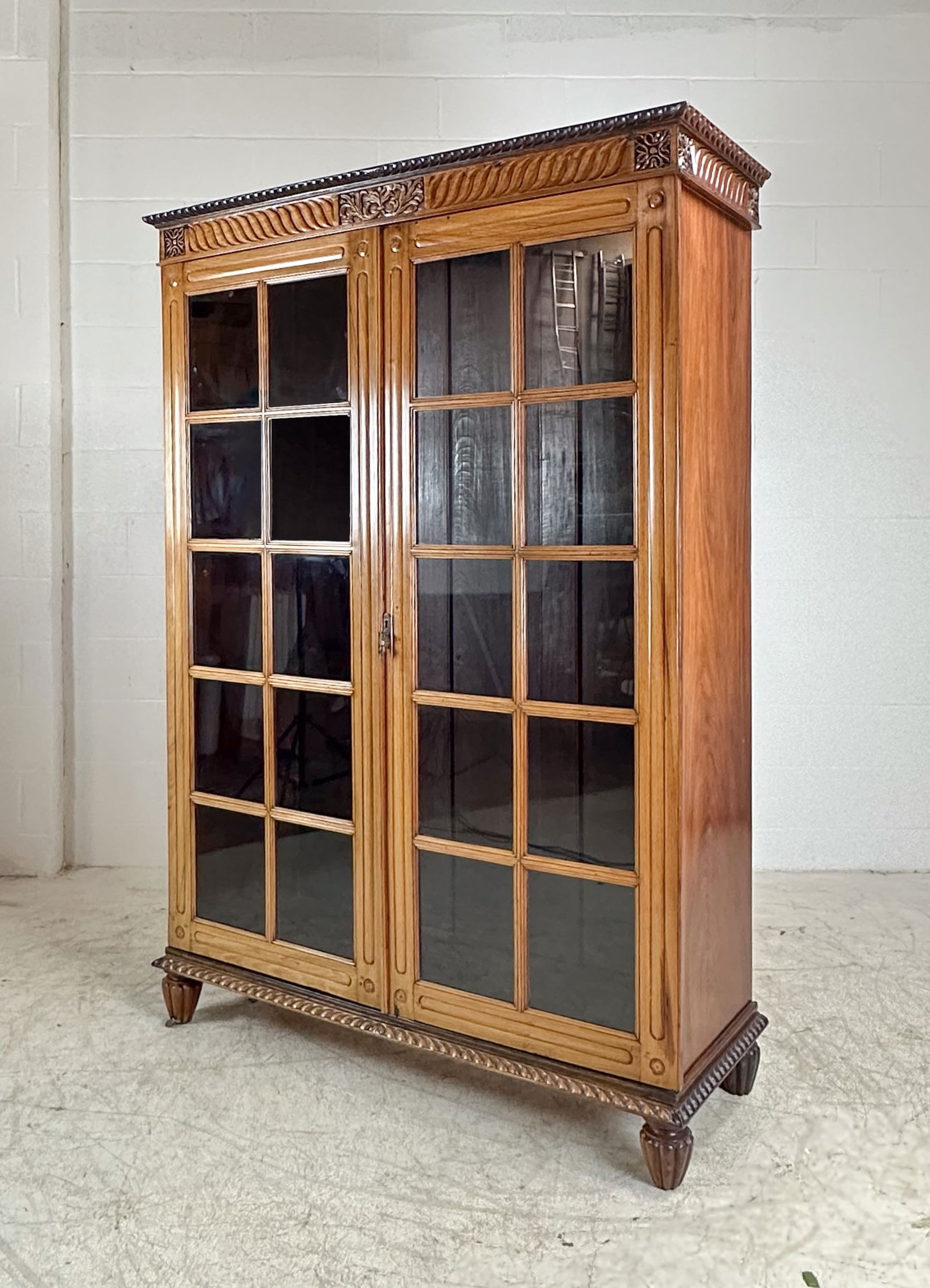 Antique English Carved Chestnut Wood 20-Light Two-Door Bookcase (1 of 9)