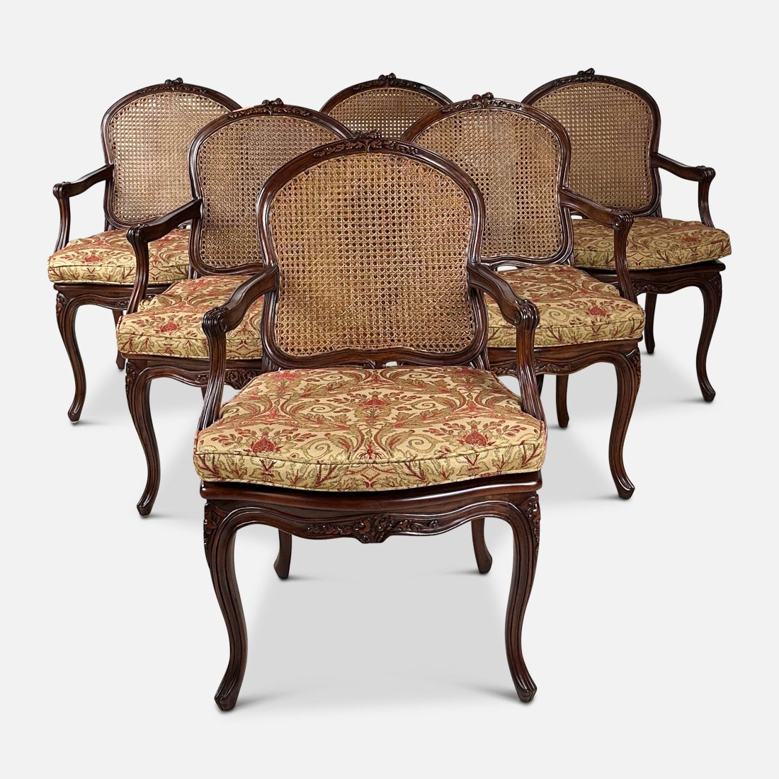 Set of Six Louis XV Style Carved Mahogany Caned Back and Seat Armchairs: Set of Six Louis XV Style Carved Mahogany Caned Back and Seat Armchairs. Ca. last half 20thC. Excellent rattan condition thoughout with no rips or holes. Approx. seat H: 20". Very good age-appropriate