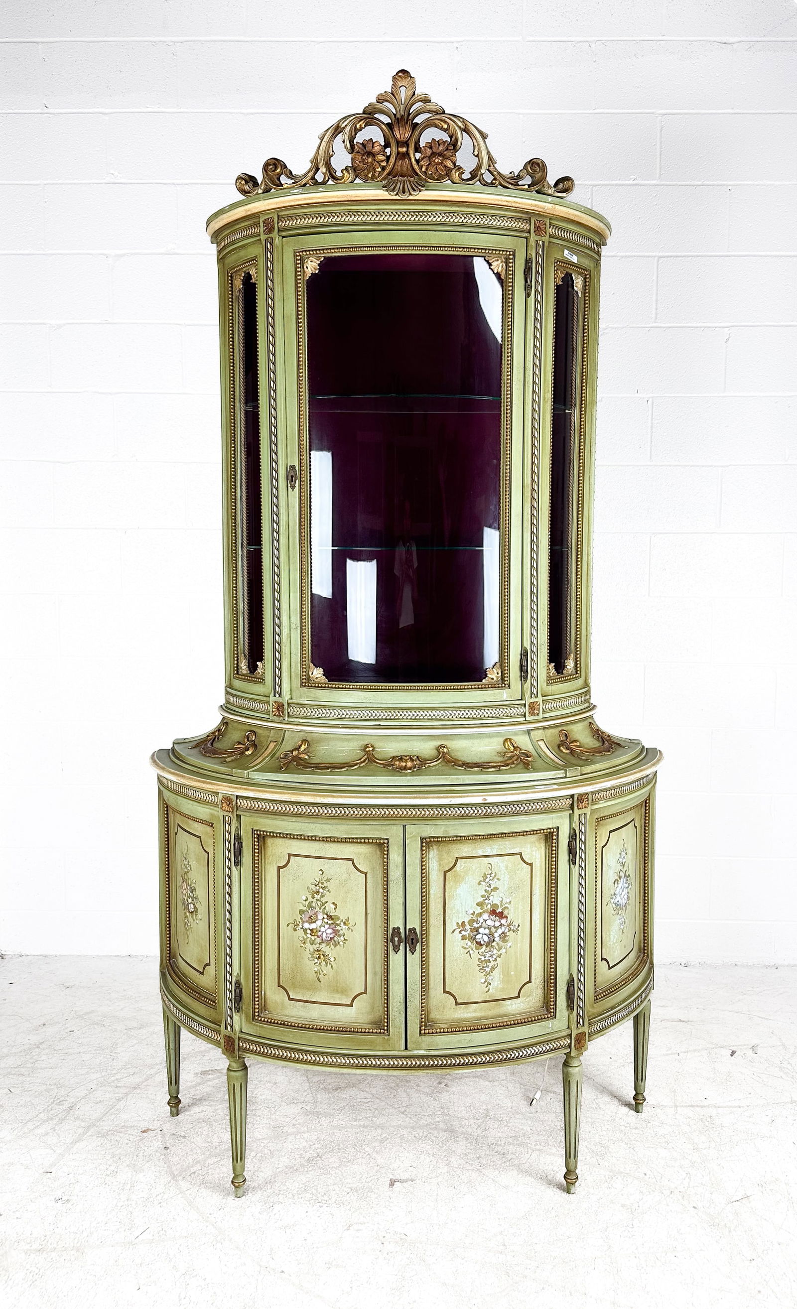 Unusual 1930s Green Floral Paint Decorated Two-Piece Vitrine Demilune Cabinet (1 of 10)