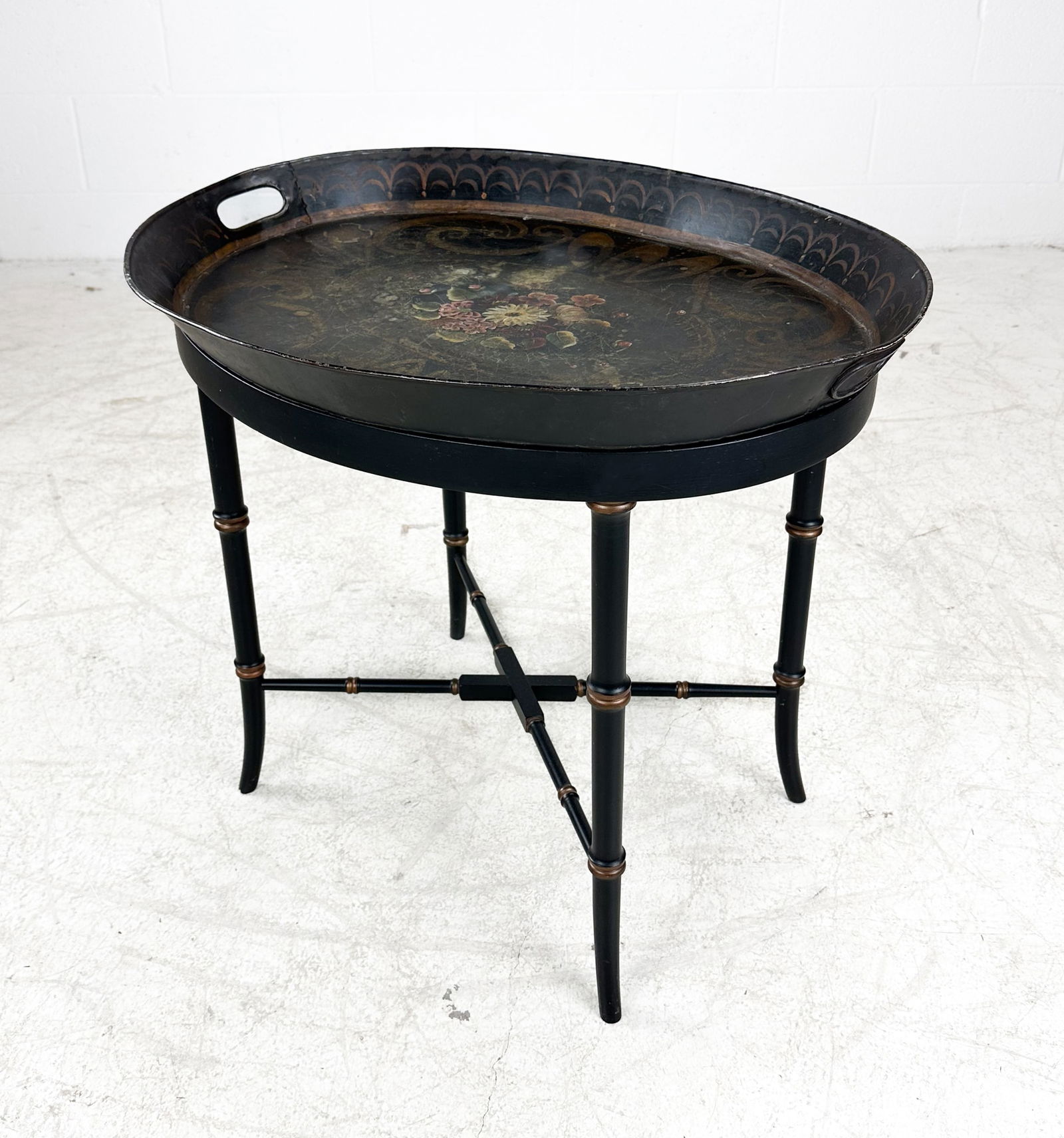 Antique Painted Toleware Tray on Custom Contemporary Table Stand (1 of 5)