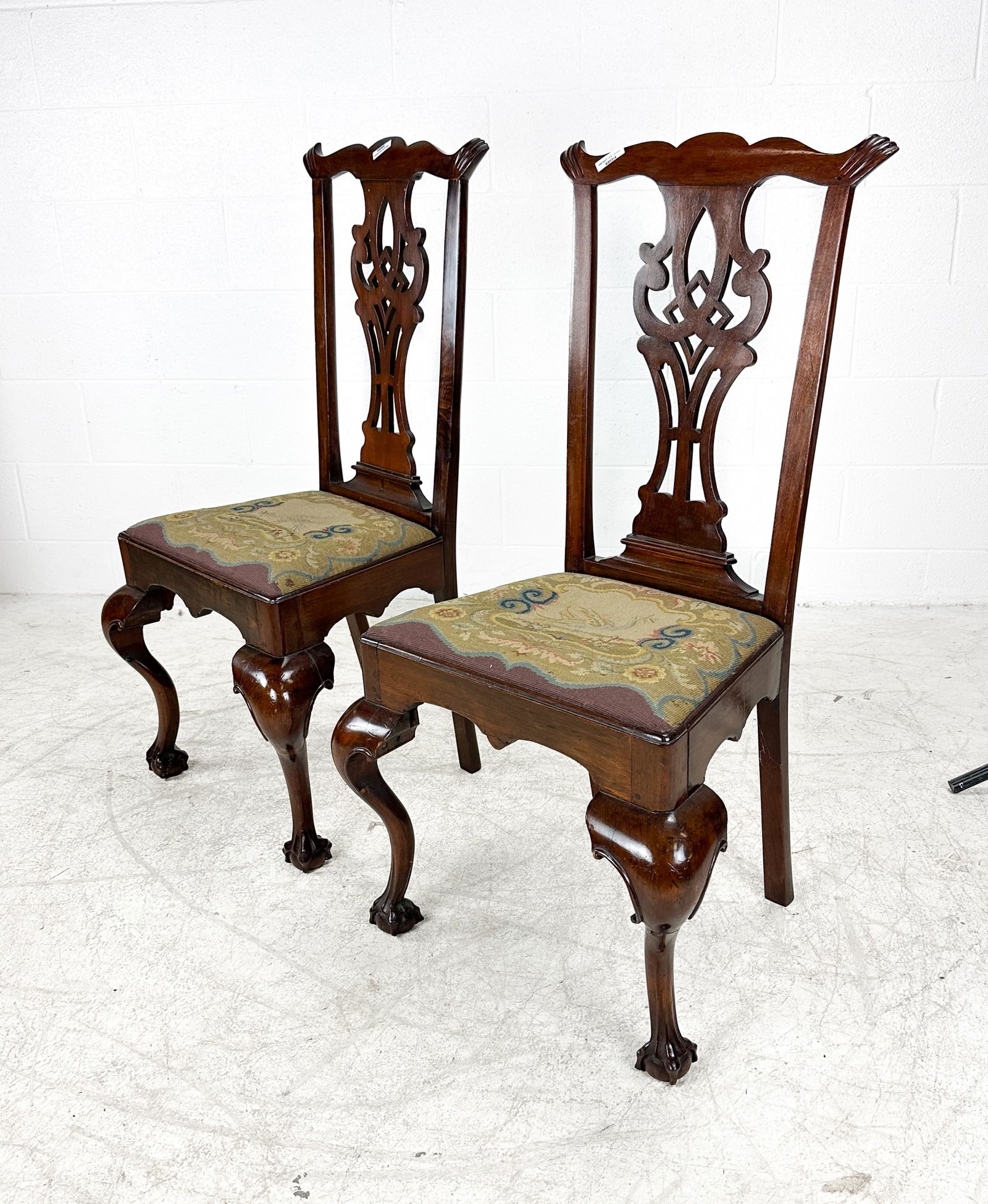 Pair Antique English Chippendale Carved Mahogany Needlepoint Chairs (1 of 12)