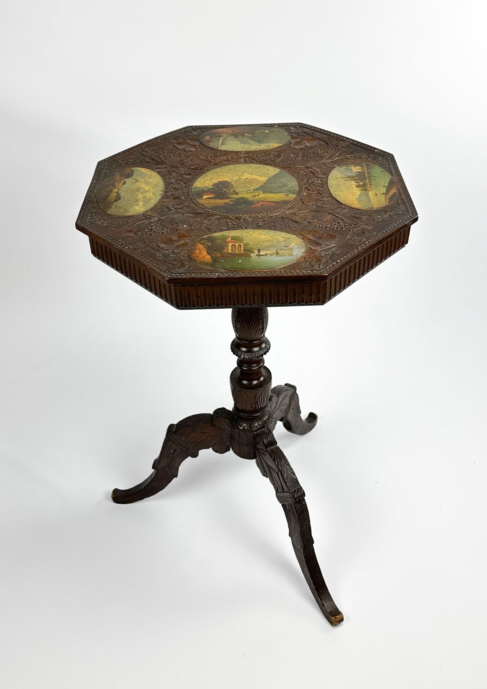 Antique 19thC Carved Wood Grand Tour Landscape Painting Specimen Tripod Table (1 of 12)