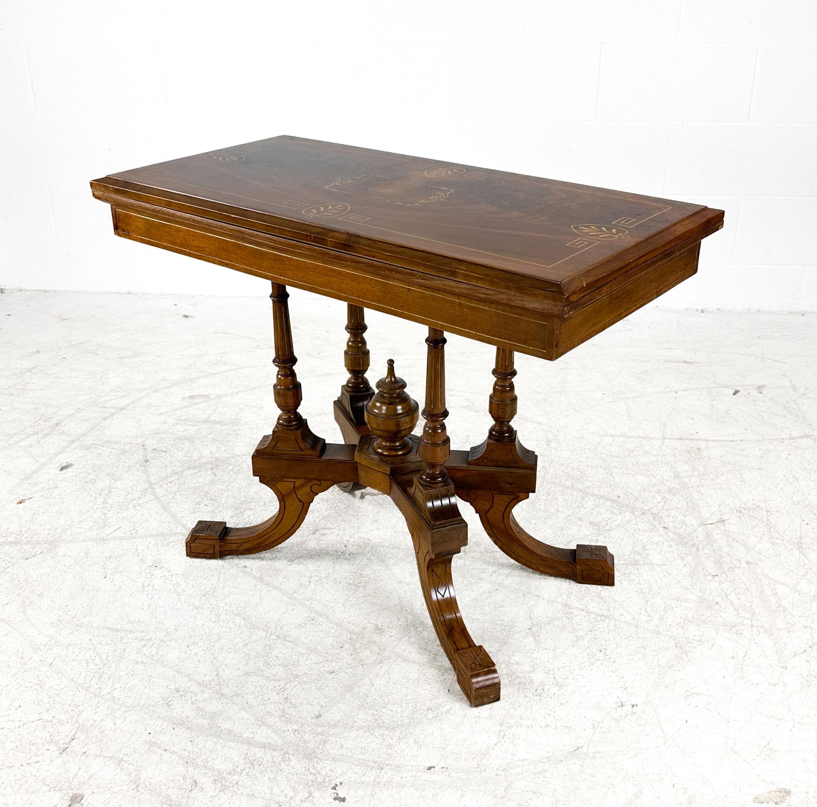 Antique Carved Walnut Victorian Gilt stamped Leather Folding Game Table (1 of 8)