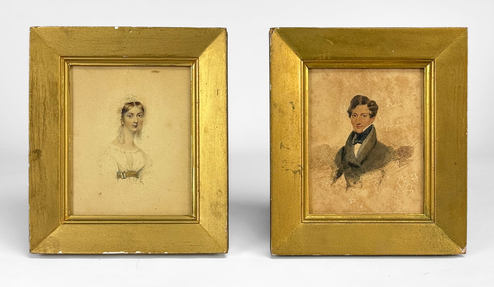 Antique Mid-19thC Pen, Ink and Wash Pair Framed Portrait Paintings Husband and Wife (1 of 6)