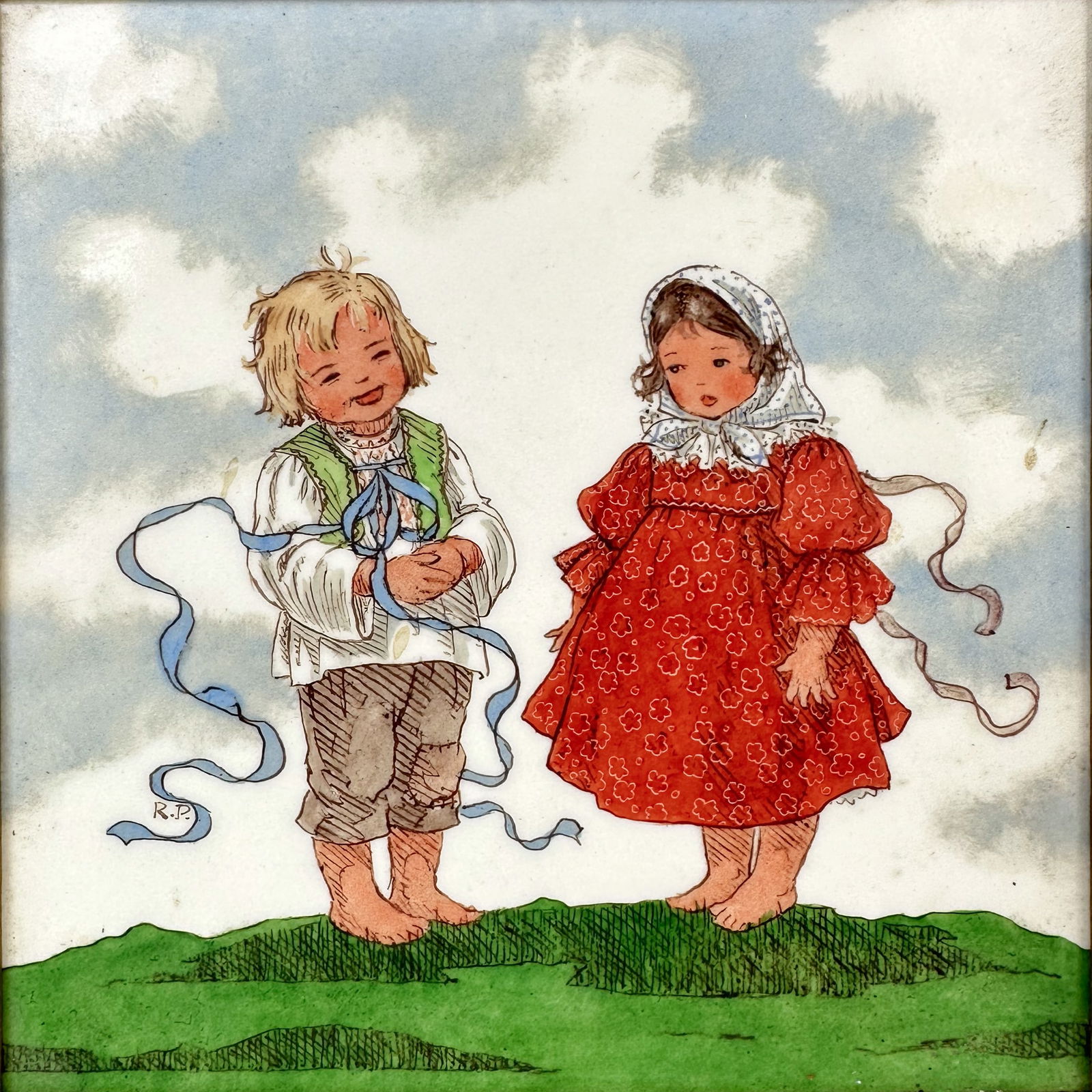 Vintage 1920s Painted Decorative Art Pottery European Framed Tile (1 of 4)