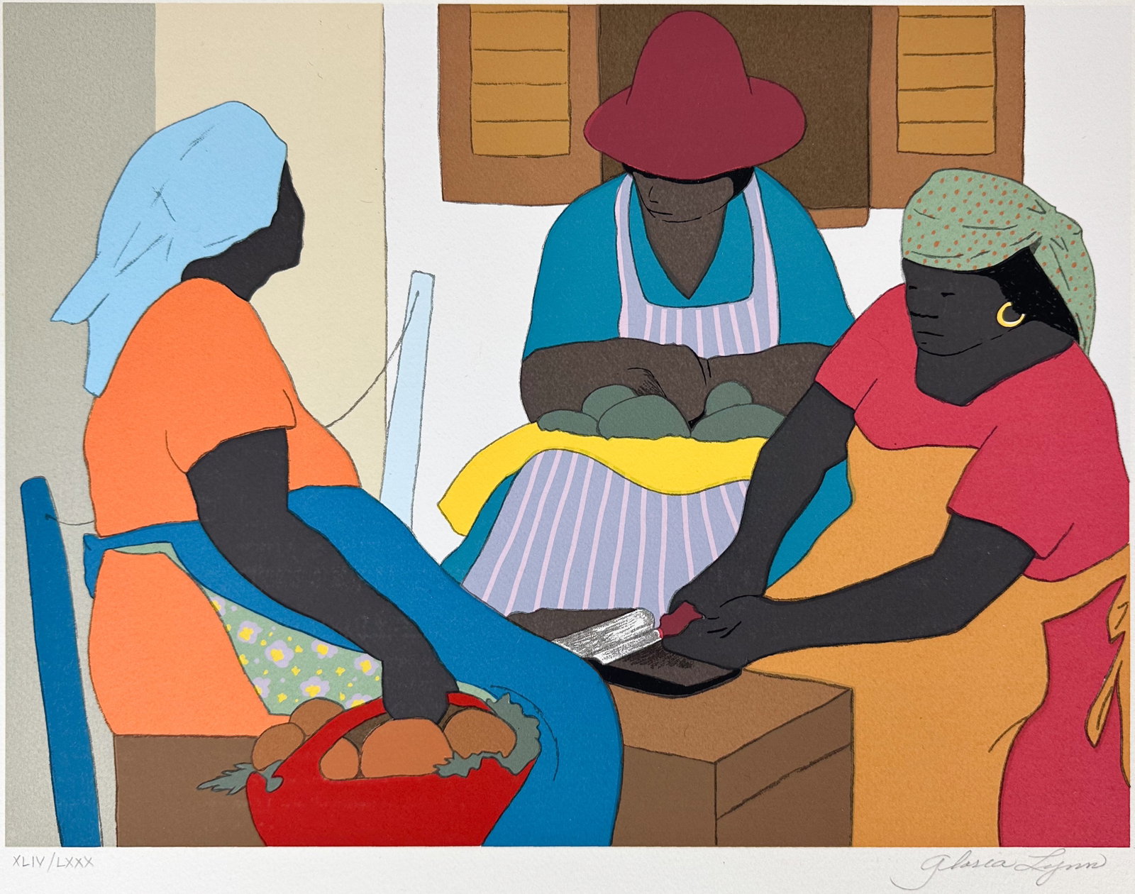 Gloria Lynn "Haitian Women" Screenprint: Ca. late 20thC. Screenprint depicting three women at work by Haitian-American artist Gloria Lynn. Signed and numbered XLIV/LXXX below image. Approx. image size 11" x 14 3/4". We Do Not Provide In-Hous