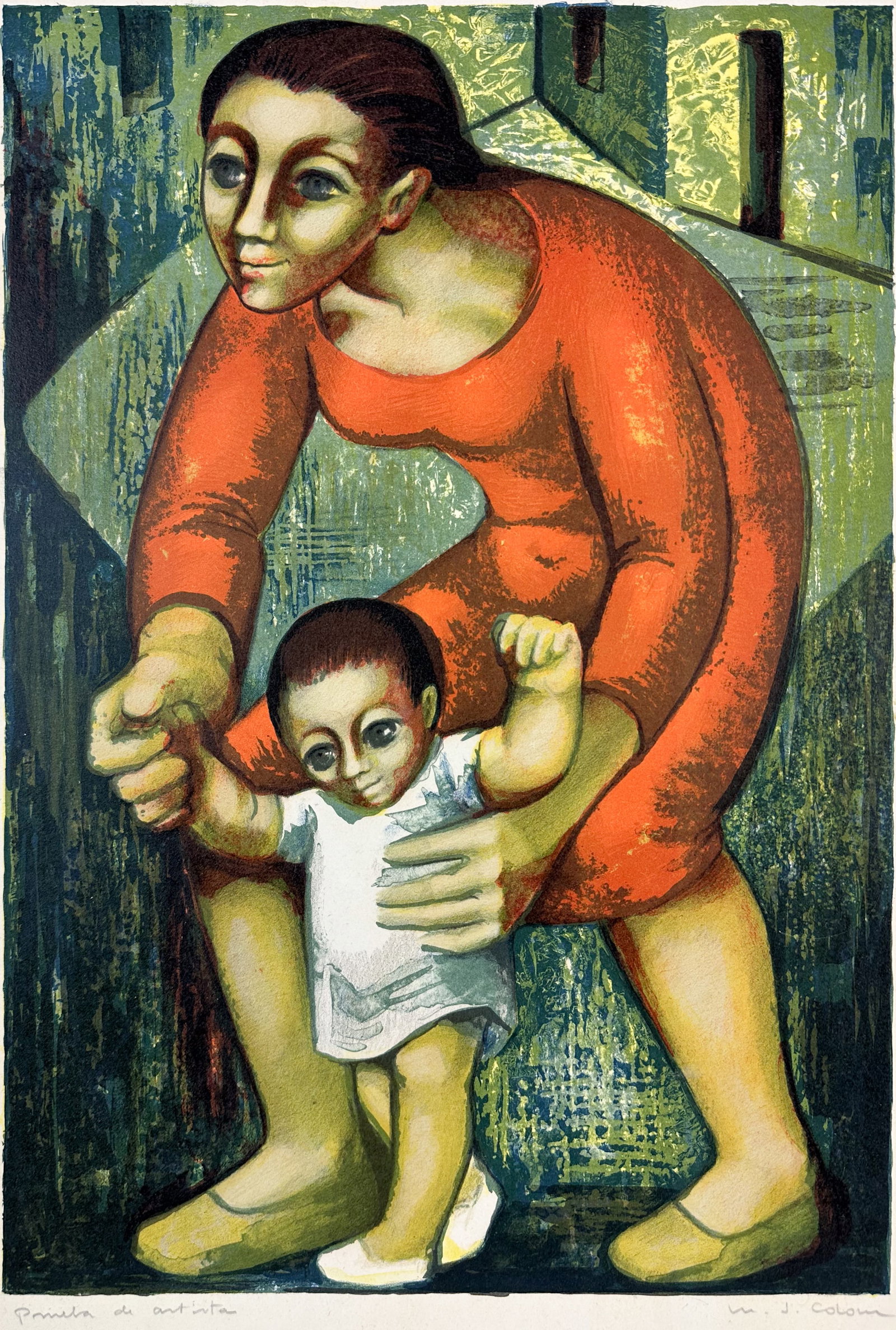 Maria Josefa Colom i Sambola "Primera de" Linocut Print: Linocut print titled "Primer de" by Maria Josefa Colom i Sambola (1927-2007). Good age-appropriate condition with shown toning. We Do Not Provide In-House Shipping! Please reach out to Donald Camden a