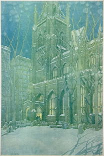 Jules Guerin "Christmas Night, Old Trinity Church, New York City" Antique 1906 Lithograph: Large Antique 1906 lithograph of "Christmas Night, Old Trinity Church, New York City" after Jules Guerin (1866-1946). Printed in 1906 with copyrighted University Art Shop, Evantson, Ill lower right. A