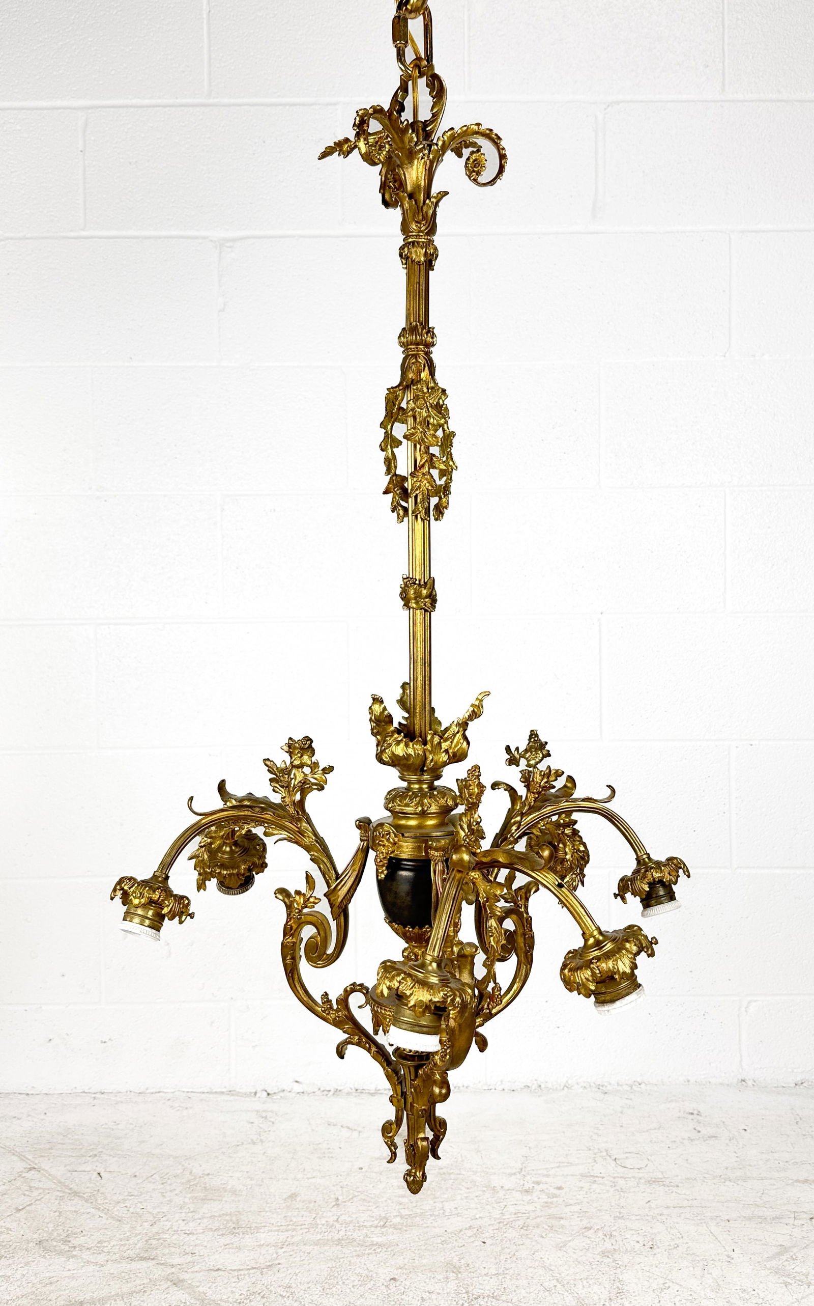 Antique Gilt Bronze Three-Arm Six-Light Hanging Chandelier Ceiling Fixture (1 of 8)