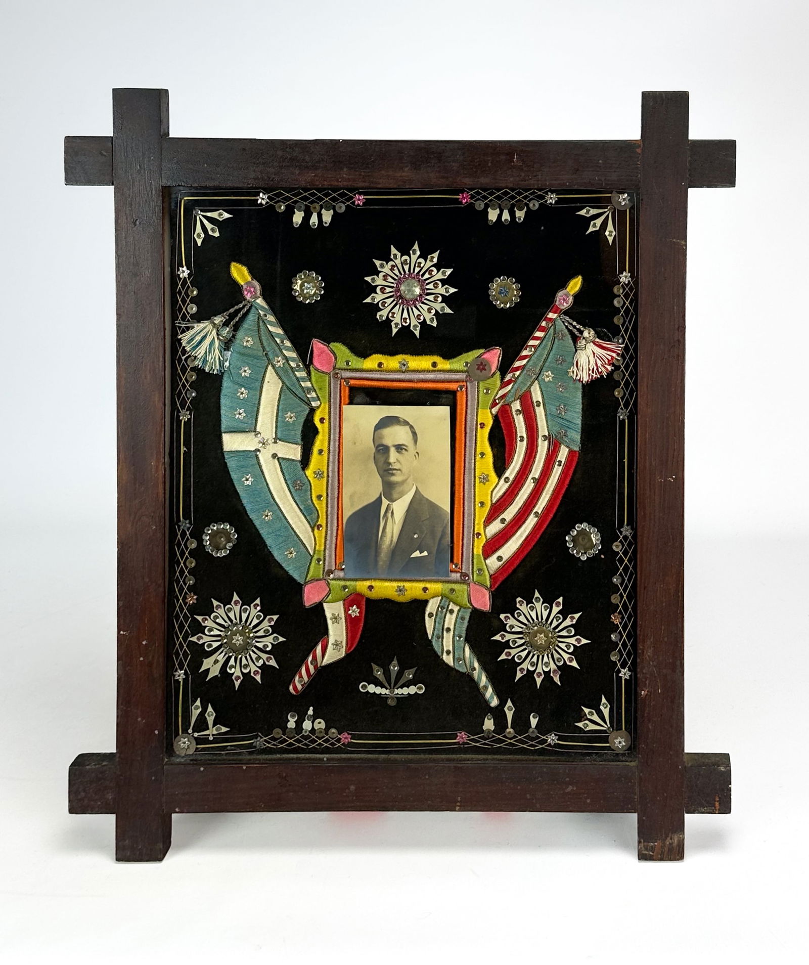 Antique Greek-American Flag Needlework Folk Art Photograph Wood Frame (1 of 4)