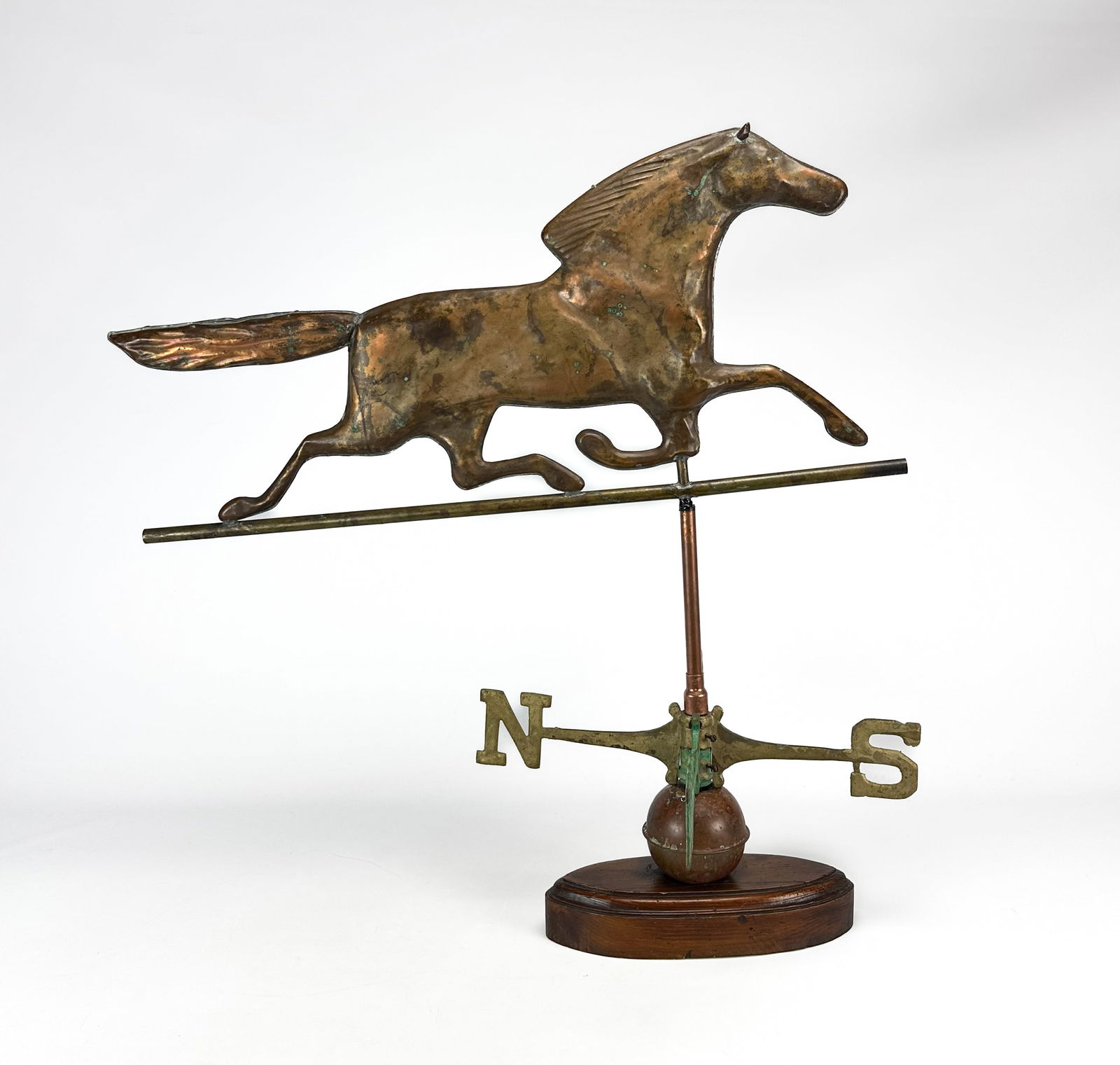 Antique Hollow Body Copper Horse Weathervane w/Directionals on Wood Stand (1 of 6)